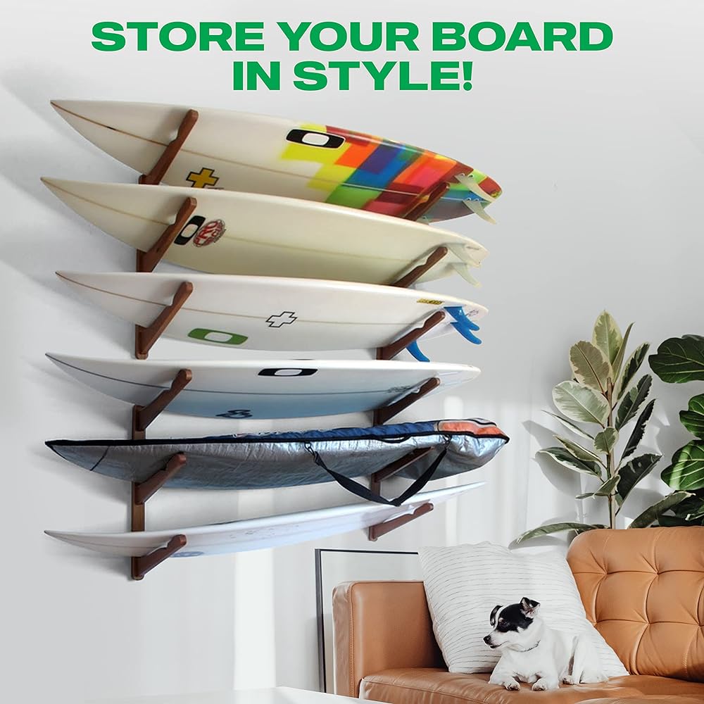 COR Surf Surfboard wall rack for 3 pieces | Multifunctional storage display, bamboo/dark wood | For both longboards and shortboards | Also for wakeboards, kiteboards, and snowboards