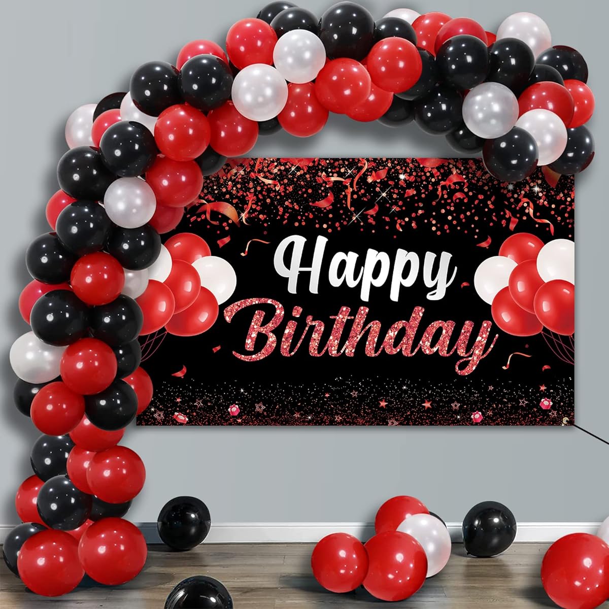 Trgowaul Happy Birthday Decoration Balloon Kit, Red Happy Birthday Banner Birthday Party Supplies for Men and Women, 60 Pieces Latex Confetti Balloons, Red Black Decorations for Birthday Party