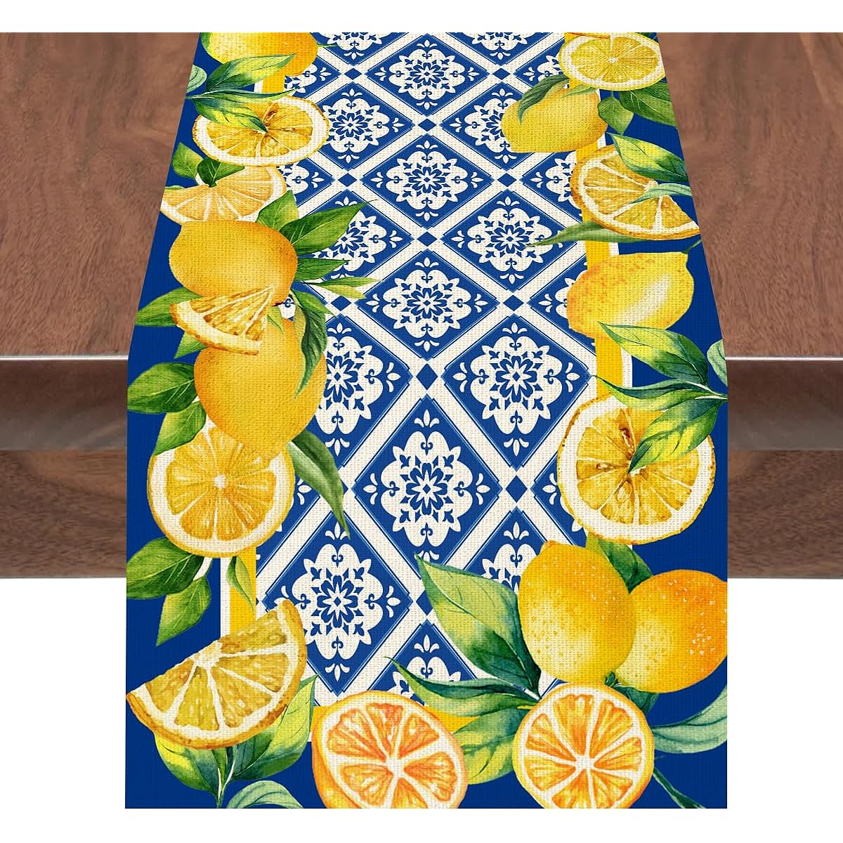 Spring Summer Lemon Table Runner, Cyan Blue Tile Burlap Artificial Lemon Fruit Farmhouse Table Runner, Seasonal Kitchen Dining Decor, Table Centerpiece for Home Parties, Patio, Indoor Outdoor, 13x72 Inch