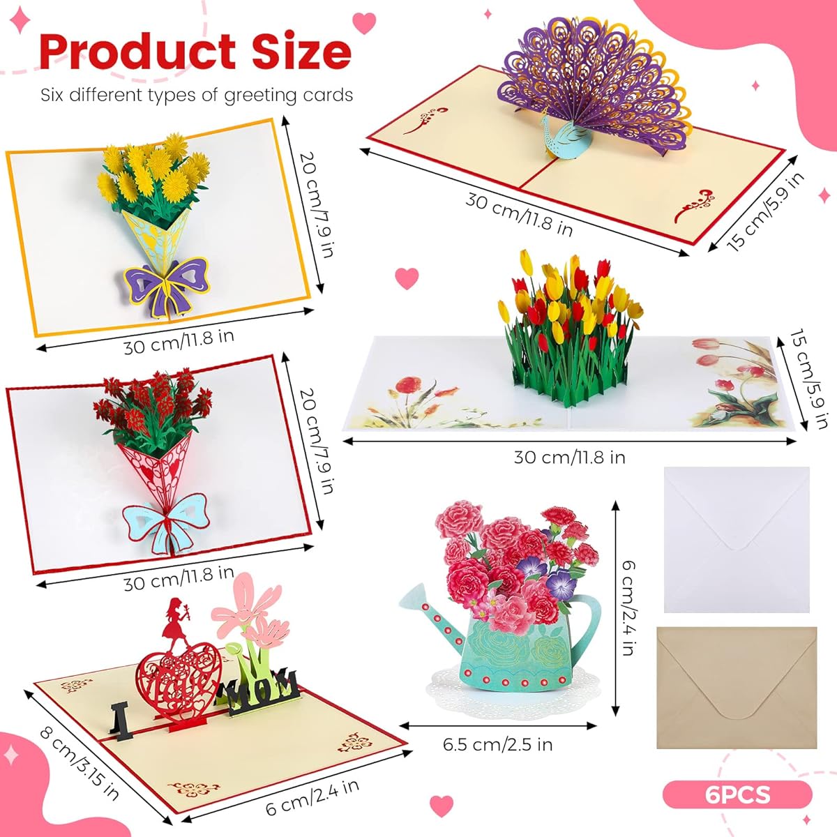 6 Pieces Pop Up Mother's Day Card Flower 3D Greeting Card Mother's Day Birthday Anniversary Wedding Valentine's Day