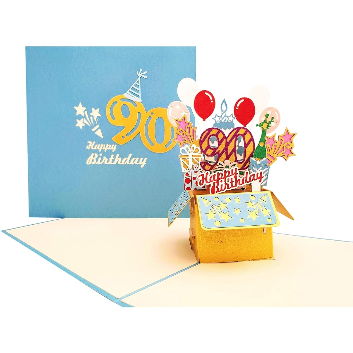 iGifts And Cards Happy 90th Blue Birthday Party Box 3D Pop Up Greeting Cards - 90 Years Old Awesome Balloon Unique Celebration Feliz Camprearini Fans Mom Dad