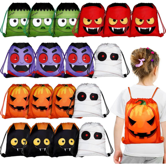 18 Pieces Halloween Drawstring Bags Set, Halloween Drawstring Backpacks Party Supplies Halloween Polyester Drawstring Sacks for Kids Trick or Treat Party Favors Gift Packaging Bags, 6 Styles
