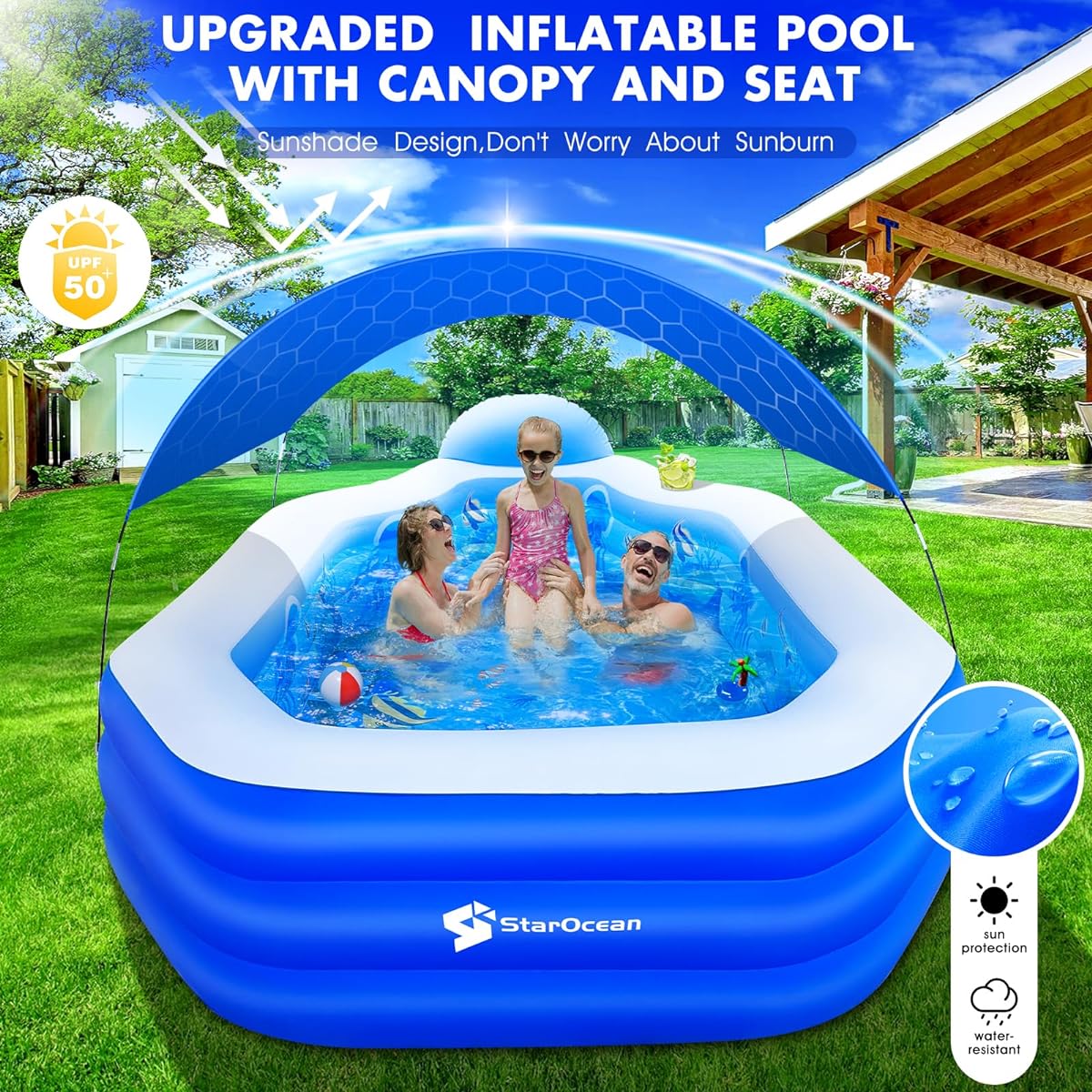 StarOcean Inflatable Pool with Canopy 2024 Large Inflatable Swimming Pool for Kids and Adults with Seat and Backrest, Durable Thickness 125" x 75" x 25" Inflatable Family Pool for Backyard Outdoor