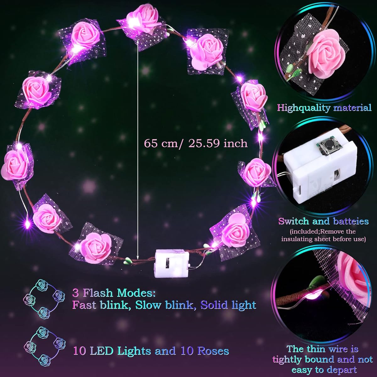 35pcs LED Flower Crowns Light Up Flower Crowns Bulk Headbands Headpieces Rose Hair Accessories for Women Girls Kids Bride Birthday Wedding Mardi Gras Beach Party Favors Photo Props 7 Colors