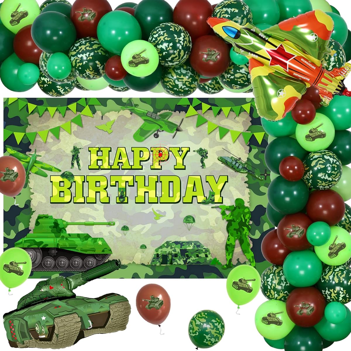 Army Camouflage Birthday Party Decorations, Camouflage Happy Birthday Backdrop, Military Soldier Birthday Party Supplies with Battle Balloons, Tank Balloons for Kids Adults Military Fans Veterans