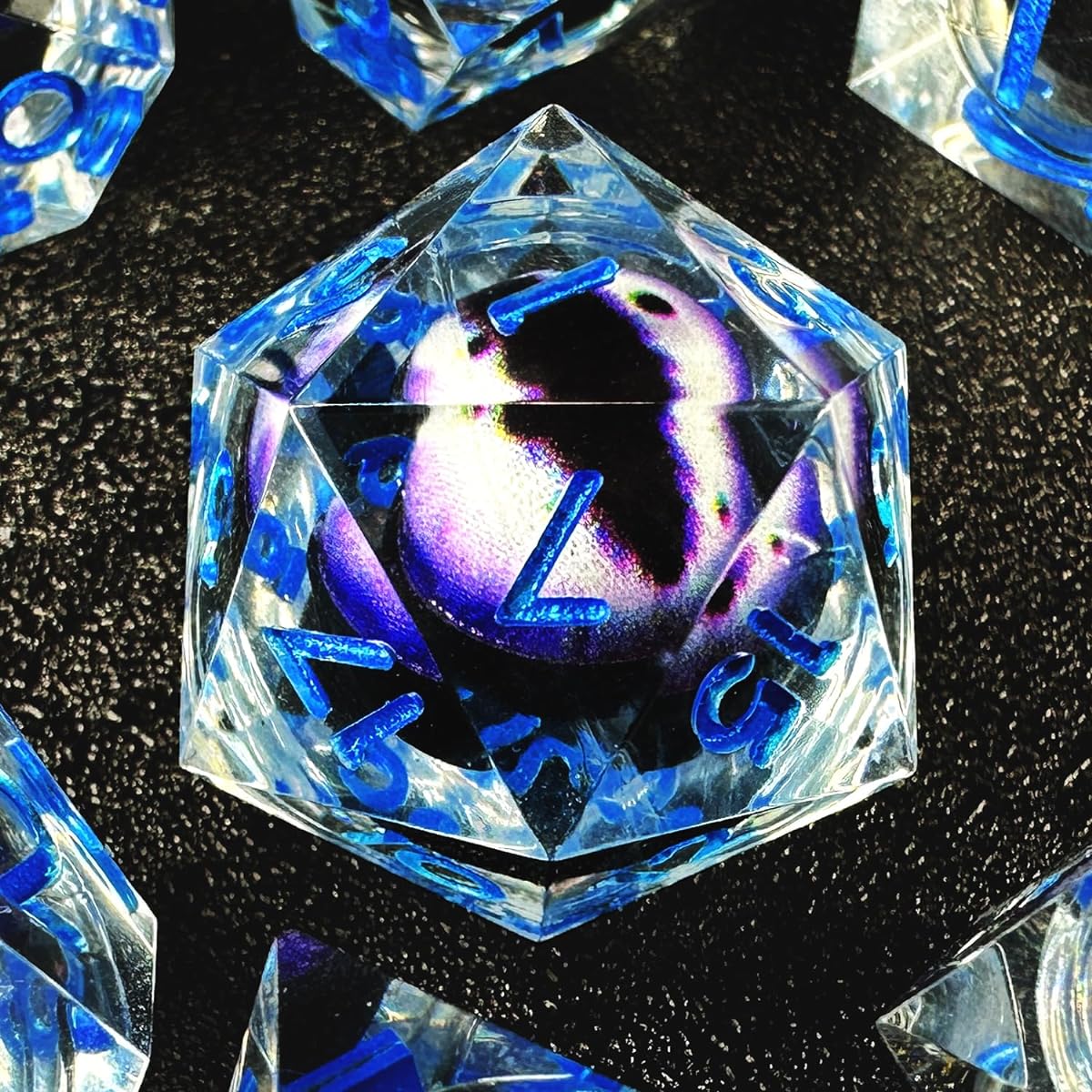 HAOMEJA Resin Dragon Eye DND Dice Set D&D 7pcs Resin Sharp Edge Liquid Core Role Playing Dice with Dragon Eye Bag Polyhedral Dungeons and Dragons Dice D20 D12 D10 D8 D6 D4 (Eye Purple)