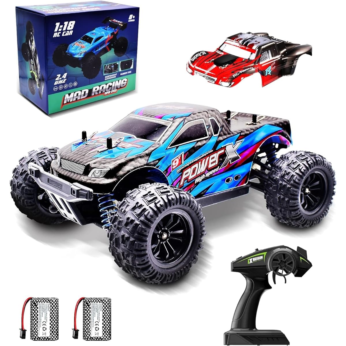 Smouapce RC Car 1:18 Scale Remote Control Car 4WD High Speed 40+ Km/h Off-Road RC Monster Vehicle Truck All Terrain Electric Toy Truck with 2 Rechargeable Batteries for Boys Kids Adults