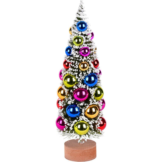Vickerman 12" Vintage Tabletop Frosted Green Artificial Christmas Tree with Multi-Colored Ornaments, Faux Christmas Tree, Seasonal Indoor Decor
