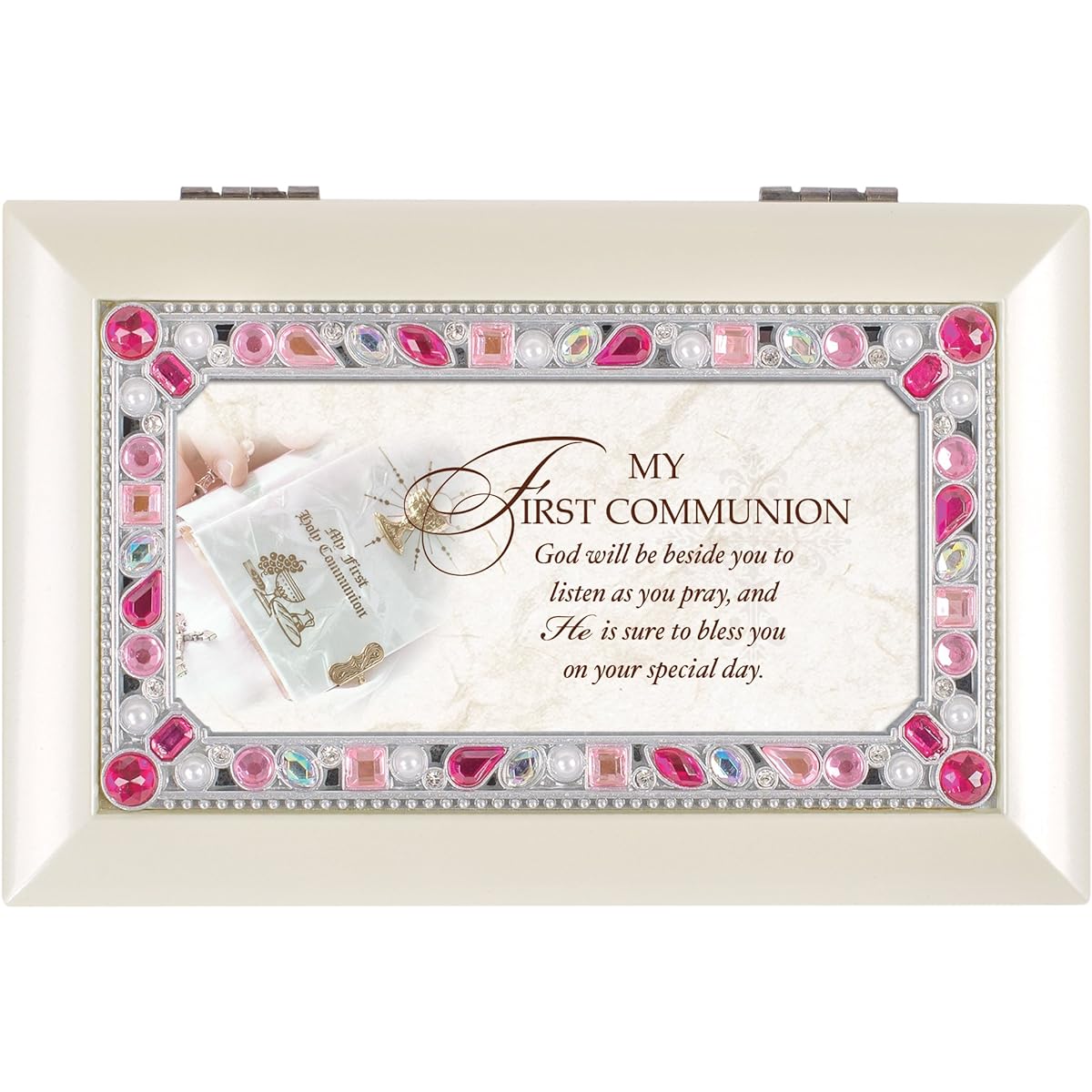 My First Communion Pray Book Petite Jeweled Ivory Music Box Plays Jesus Loves Me
