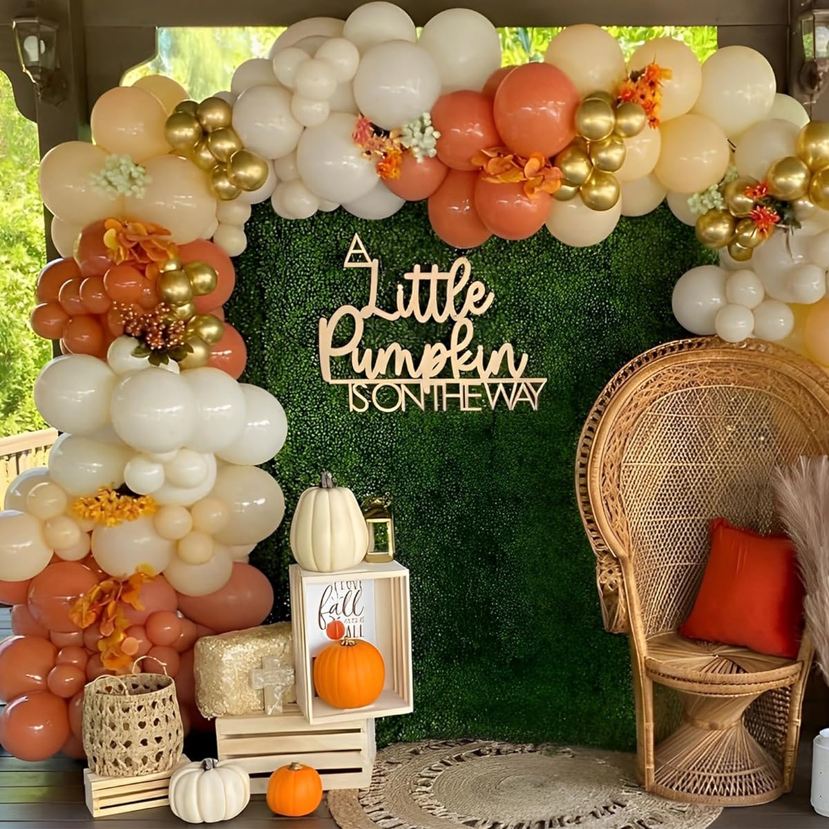 Thanksgiving Balloon Arch Kit 155pcs Fall Orange Sand White Balloons Garland Little Cutie Baby Shower Decorations Fall Birthday Party Supplies