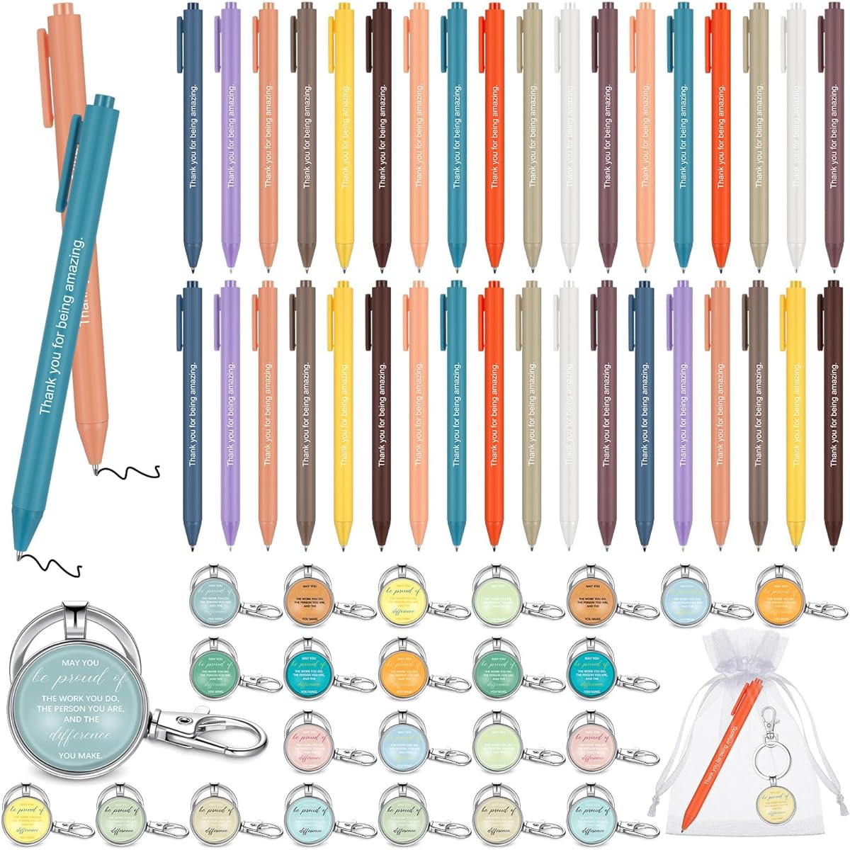 Tenceur 36 Set Employee Appreciation Gifts, 36 Inspirational Ballpoint Pens and 36 Keychains for Colleagues, Teachers, Staff, Teams, Farewell, Retirement, Appreciation Gifts