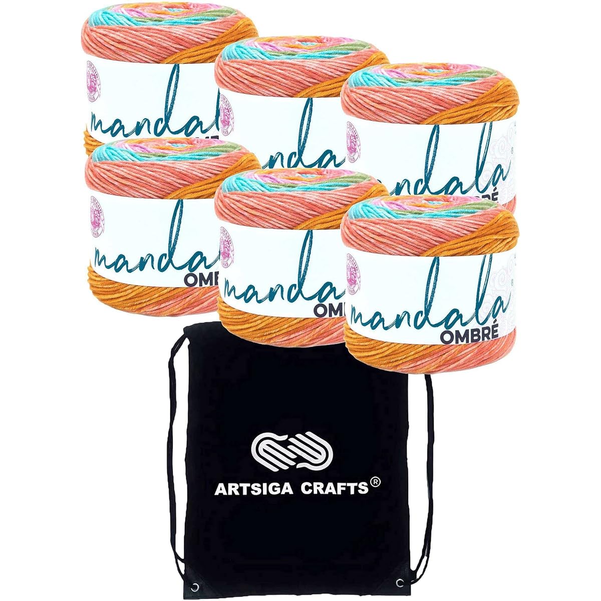 Lion Brand Mandala Ombre Yarn Tranquil 551-205 (6 Skeins) Same Dyed Lot Worsted Medium #4 Soft Knitting Yarn Crochet 100% Acrylic Bundle with 1 Artsiga Craft Bag