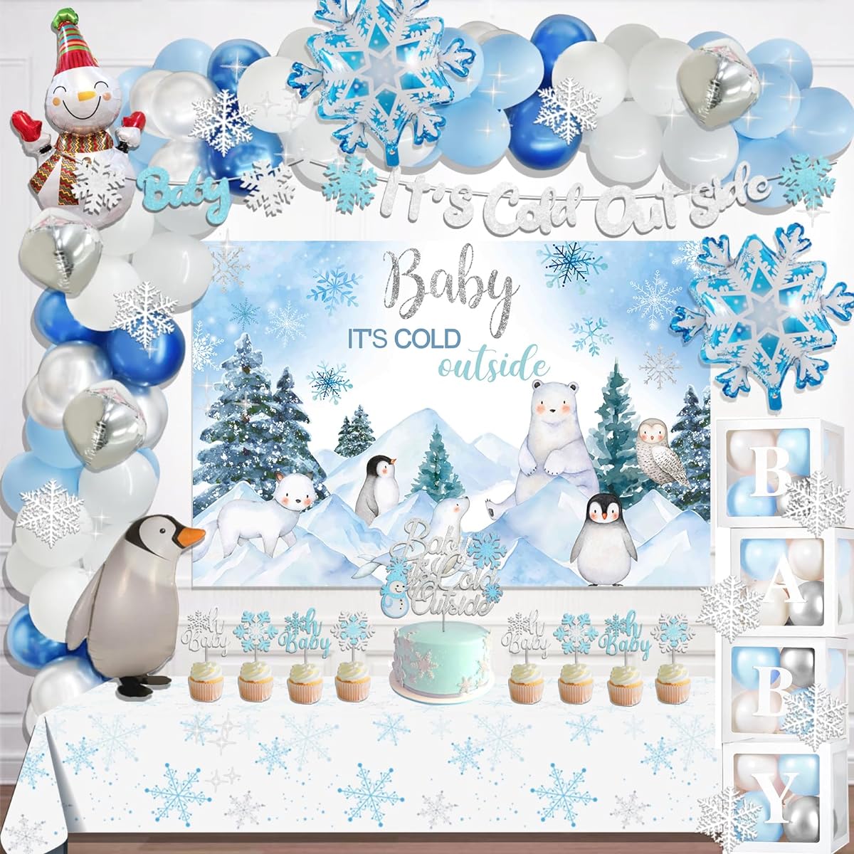 Hombae Baby Its Cold Outside Baby Shower Decorations, 132 Pieces Winter Wonderland Baby Shower for Boy Backdrop Balloons Garland Banner Tablecloth Cake Cupcake Toppers Box Cutouts Snowflake Silver Blue