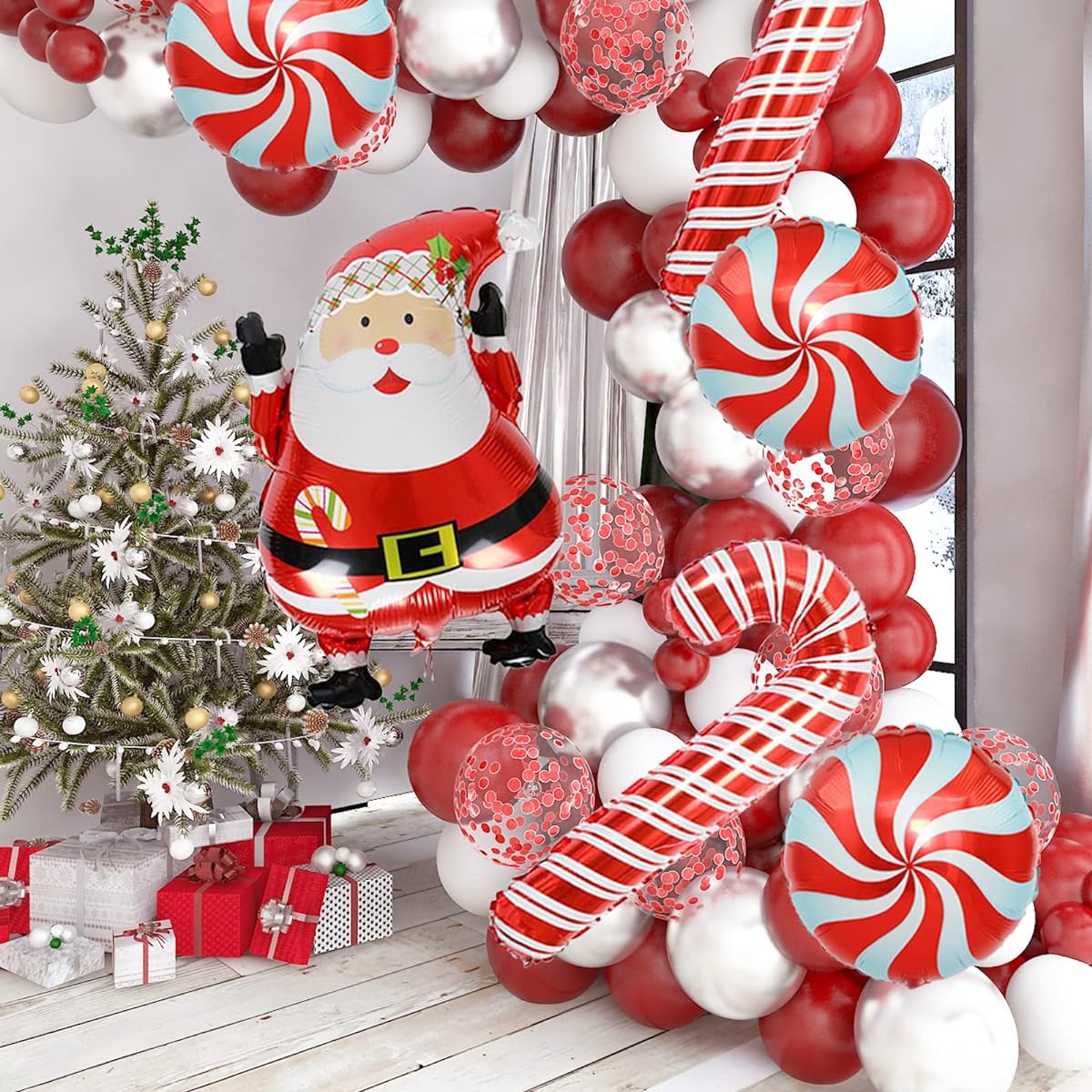 Soonlyn 135 Pack Christmas Balloon Garland Arch, Christmas Decorations with Candy Cane Balloons, Red, White, Silver, Chrome, Latex, Peppermint Balloons Garland Kit for Merry Christmas Party