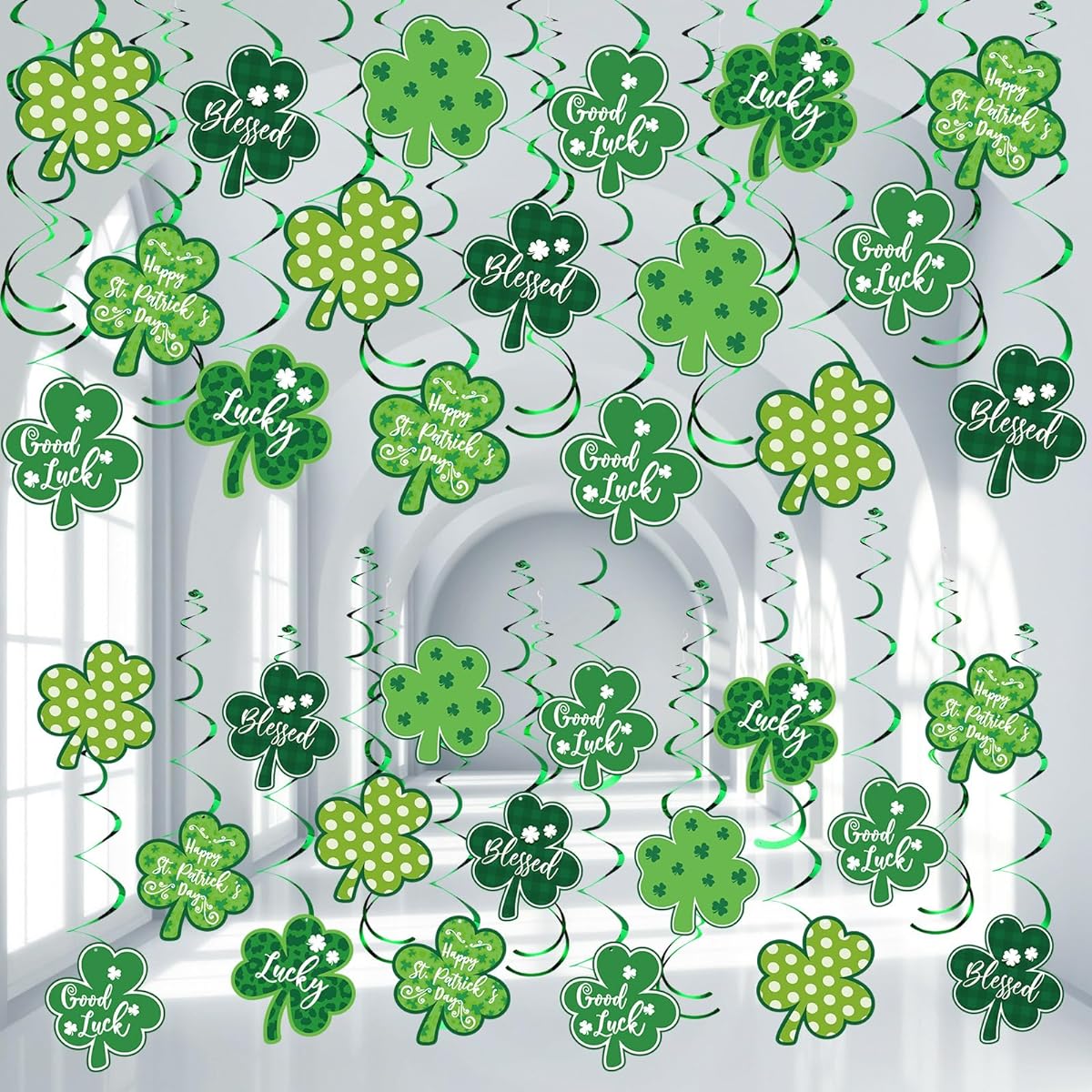 Lincia 72pcs St. Patrick's Day Hanging Swirl Decorations, St. Patrick's Day Decorations, St. Patrick's Shamrock Decorations, Shamrock Hanging Decorations for Home, Foil, Lucky Swirls, Irish Decorations