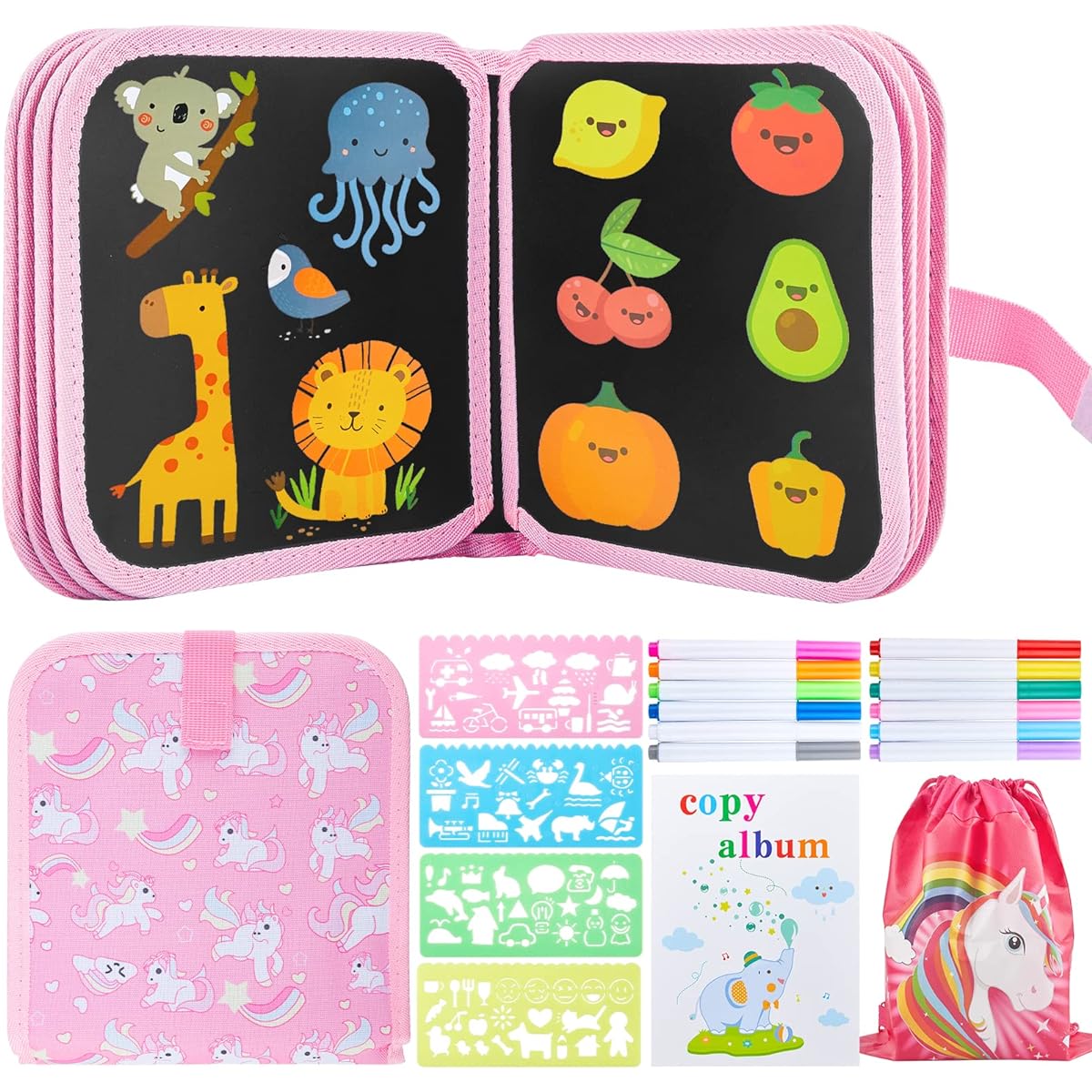 Reusable Erasable Doodle Book Set with Markers & Stencils Kids Toddler Birthday Unicorn Gift for Girls Ages 2-4
