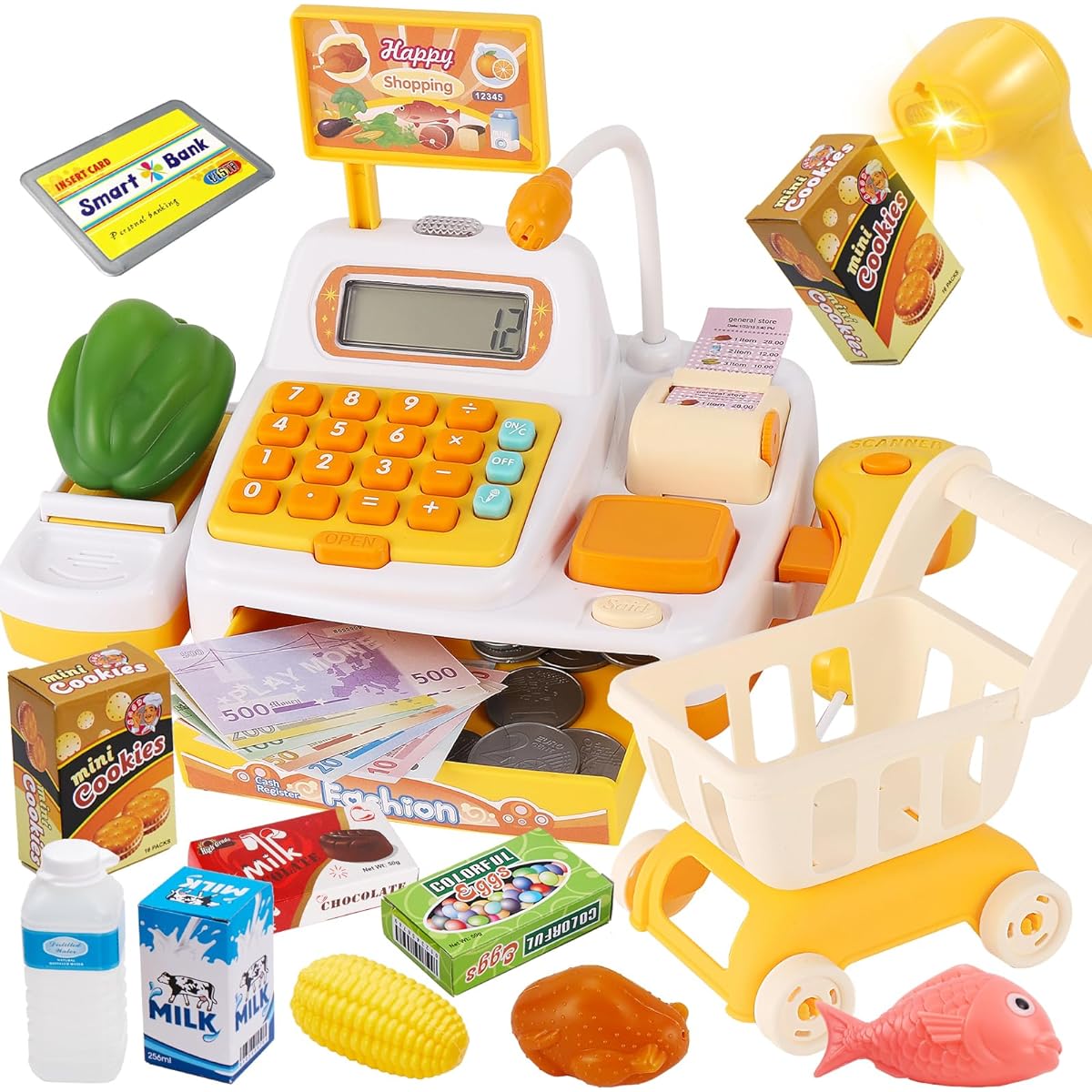 BUYGER Kids Pretend Play Cash Register Toy with Scanner, Shopping Cart, Microphone, Calculator, Food, Credit Cards, Money Play, Supermarket Cash Register Gift for Ages 3, 4, 5