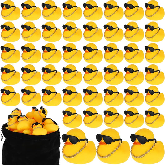 48pcs Bulk Sunglasses Rubber Duck Cool Duck with Sunglasses Gold Chain Rubber Duck Baby Shower Floating Bathtub Toy Birthday Party Favors Carnival Gifts Decorative Gifts with Storage Bag