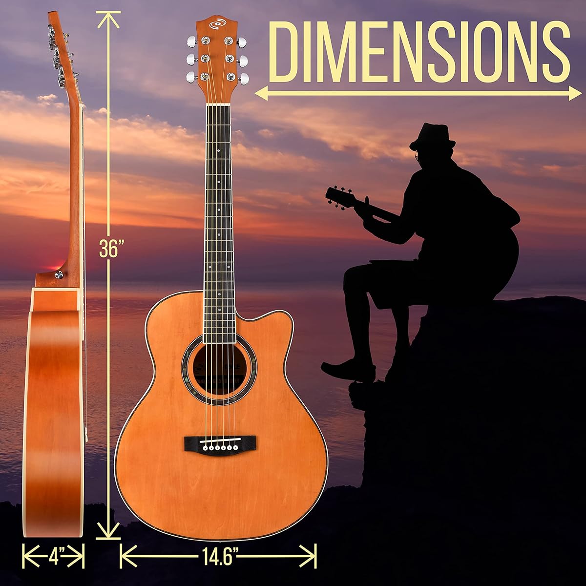 Pyle 36" Cutaway Acoustic Guitar 3/4 Size Orange Matte 6 Steel Strings Gig Bag Tuner Spare Strings Pick Strap Beginner Kids Right Handed