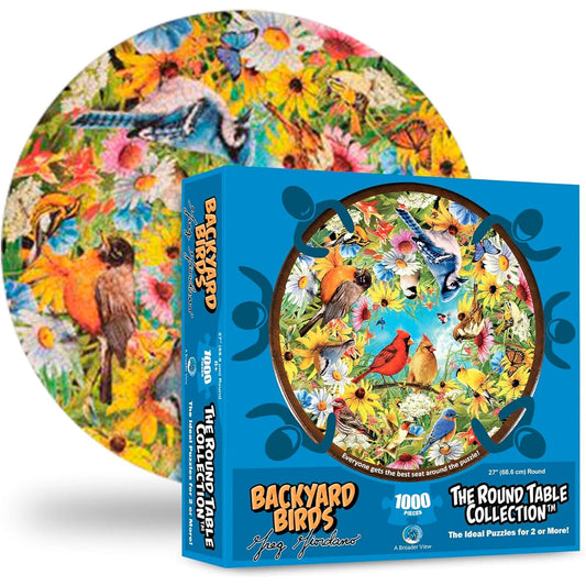 A Broader View Backyard Birds Round Table Puzzle - 1000 Piece Jigsaw Puzzle for Adults & Kids, Great for Groups of 2 or More, Everyone Gets the Best Seat at the Table, Includes 12x12 Inch Poster