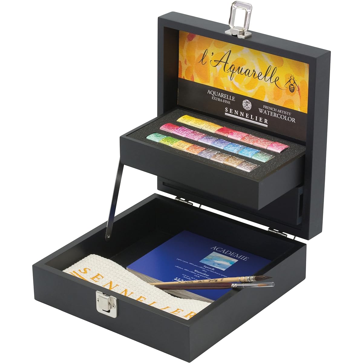Sennelier French Artist Watercolor Set Featured in an Elegant Black Wooden Box, 24 Aquarelle Watercolor Half Pans with 2 Brushes, 1 Small Watercolor Pad and Sennelier Cloth セヌリエ 141［並行輸入］