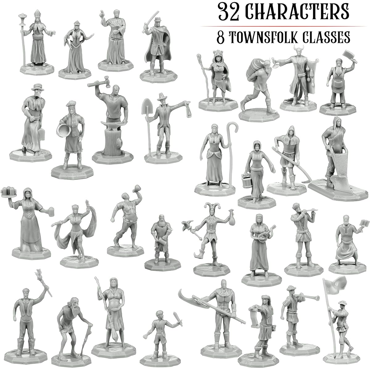 Townsfolk Mini Fantasy Figures Non-Player Characters NPCs - 32 Unique Miniatures - Nobles, Merchants, Peasants, Entertainers and More - Compatible with DND Dungeons Dragons, Pathfinder, RPG Tabletop Games