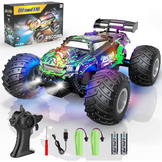 BAZOLOTA RC Car 1:18 Multiple Terrain RC Truck 2WD 20Km/h High Speed Remote Control Car with LED Lights and 2 Rechargeable Batteries Monster Truck for Kids and Adults