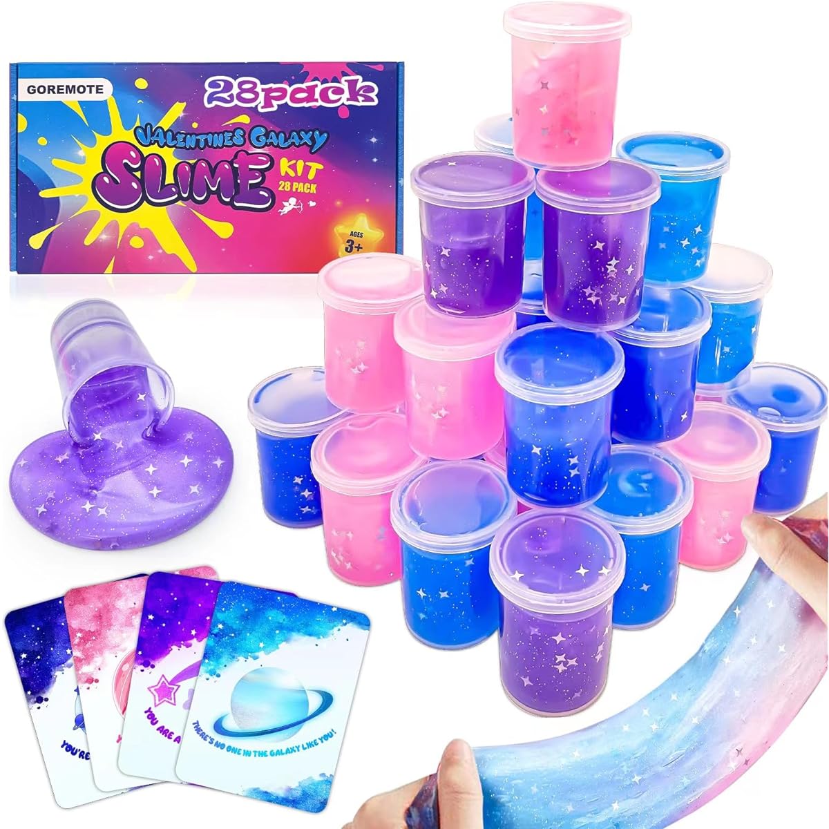 Valentine's Day Cards for Kids Classroom, 28 Pack Colorful Galaxy Slime Valentine's Day Gifts for Kids, Valentine Classroom Exchange Cards for Kids School Boys Girls