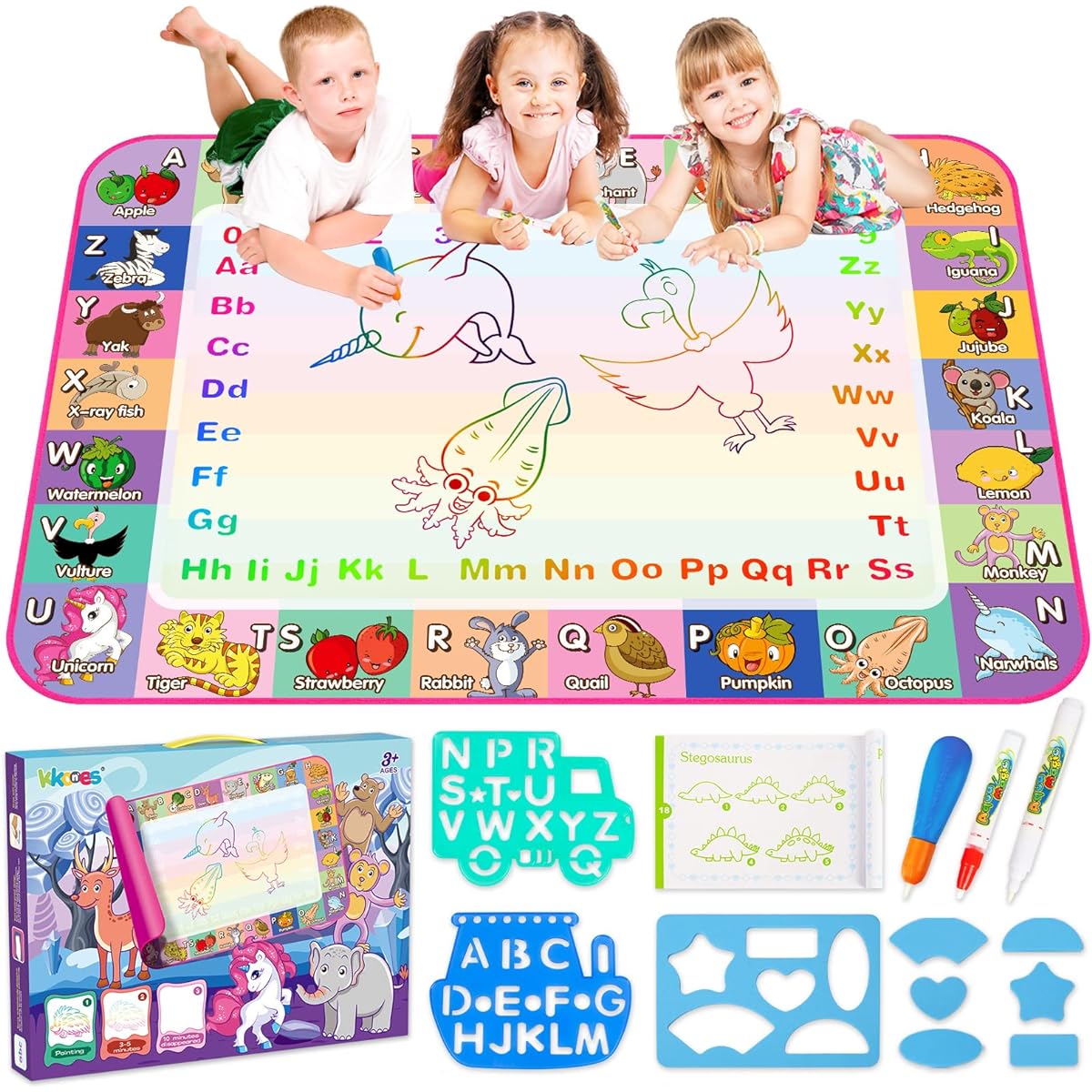 KKONES Water Doodle Mat - Water Drawing Mat for Kids Toddler Doodle Board Educational Toys - Water Painting Mat Magic Pen Travel Toy Gift for Ages 2 3 4 5 6 Years Old Boys Girls