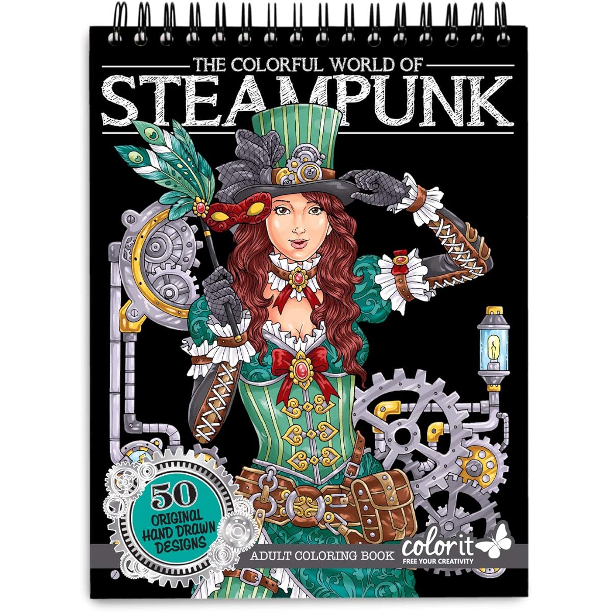 ColorIt Colorful World of Steampunk Adult Coloring Book - 50 Single-Sided Designs, Thick, Smooth Paper, Hardback Cover that Lies Flat, Spiral Bound, USA Printed, Steampunk-Inspired Pages