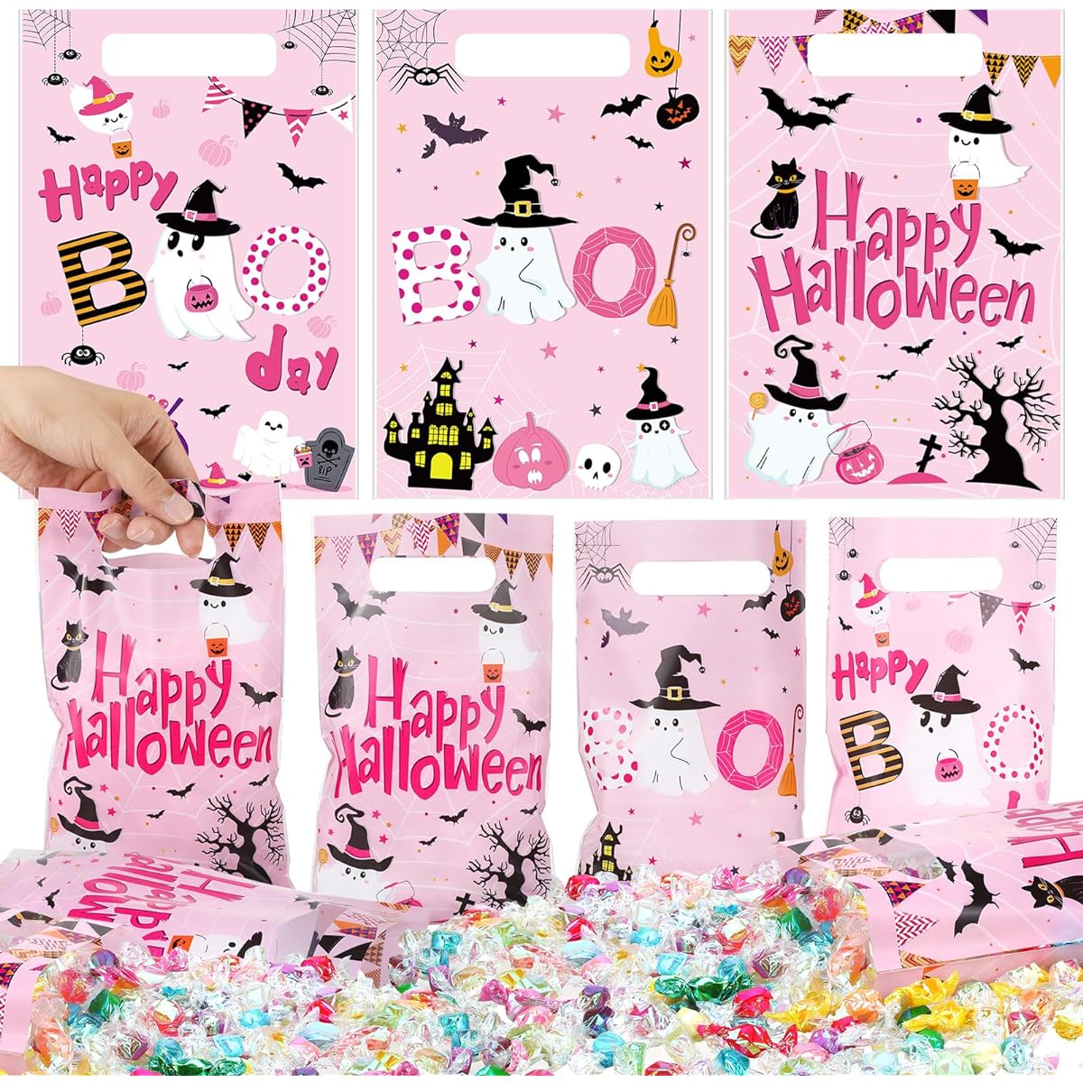 Sweetude 150pcs Little Boo Plastic Bags Pink Halloween Little Boo Goodie Bags Trick or Treat Candy Gift Bags for Halloween Party Kids Theme Birthday Baby Shower Party Favors