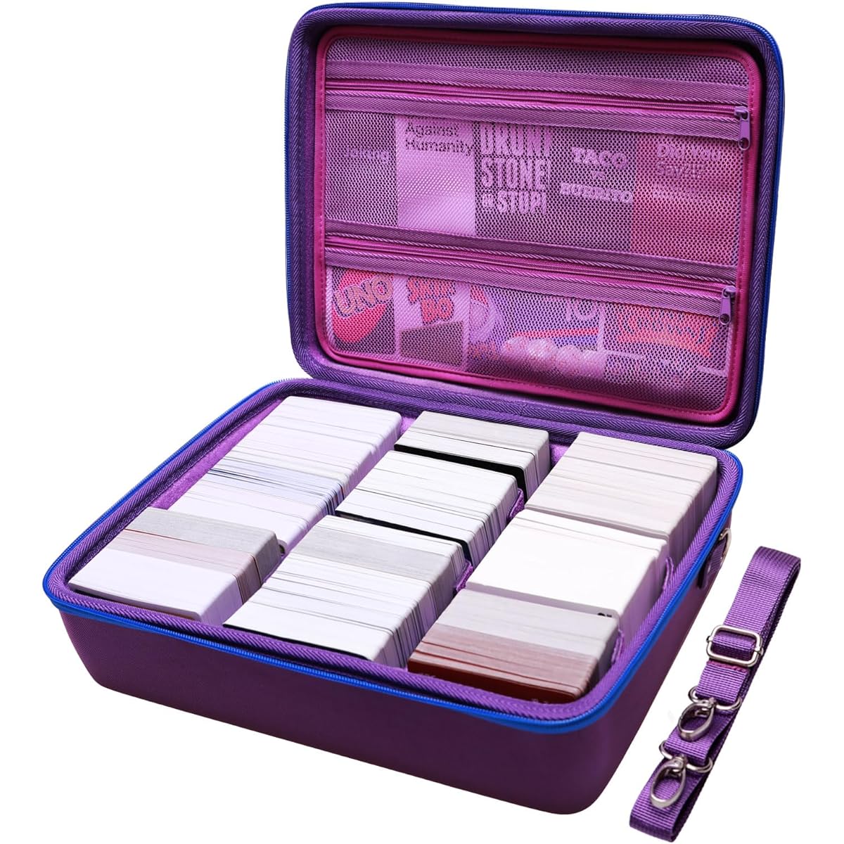 LTGEM Game Card Travel Case with Shoulder Strap and 6 Velcro Partitions, Fits Taco Cat Goat Cheese Pizza/SKYJO/UNO/Playing Cards Against Humanity and Other Game Cards, This Card Box Can Hold Over 2500 Game Cards (Purple)