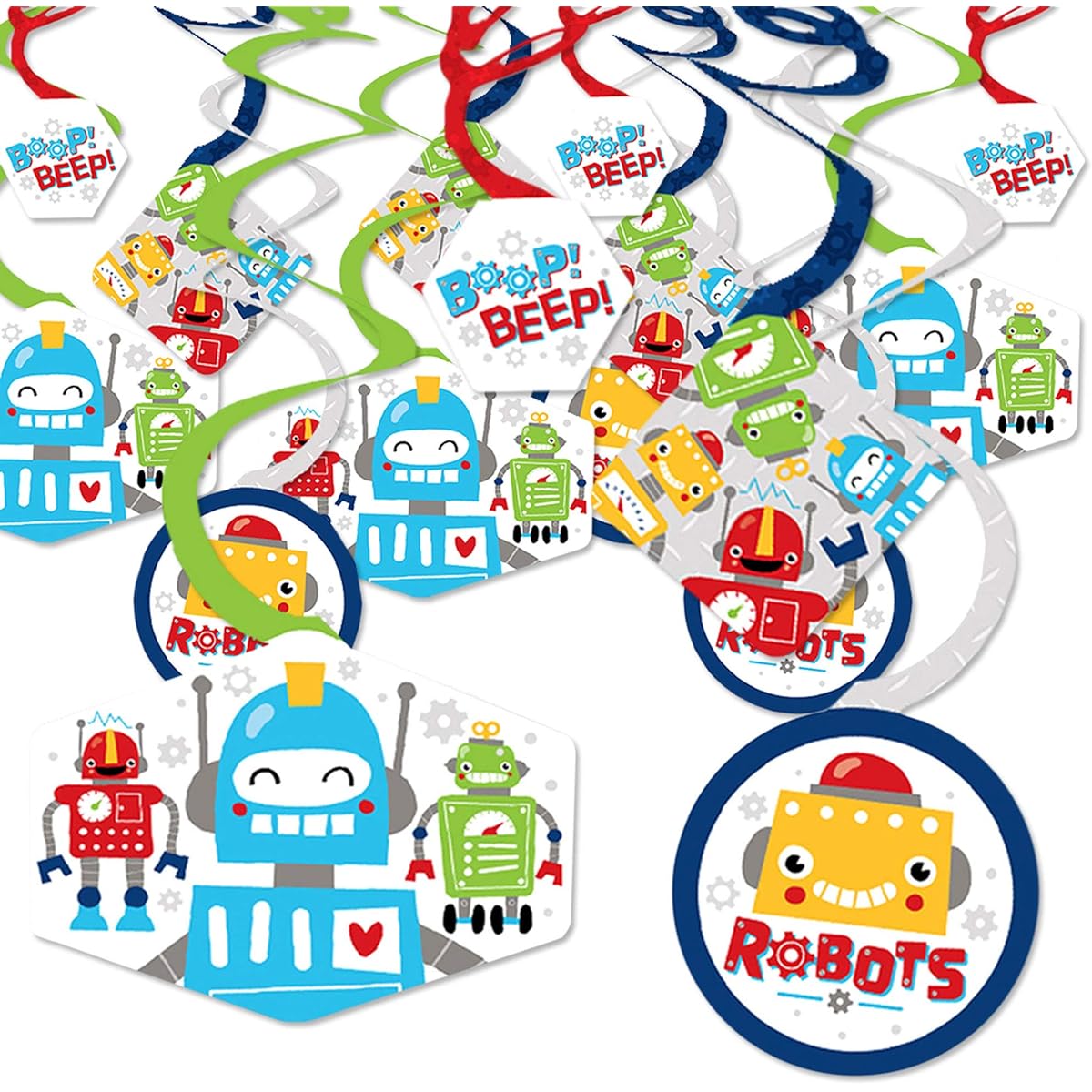 Big Dot of Happiness Gear Up Robots - Birthday Party or Baby Shower Hanging Decorations - Party Decoration Swirls - Set of 40