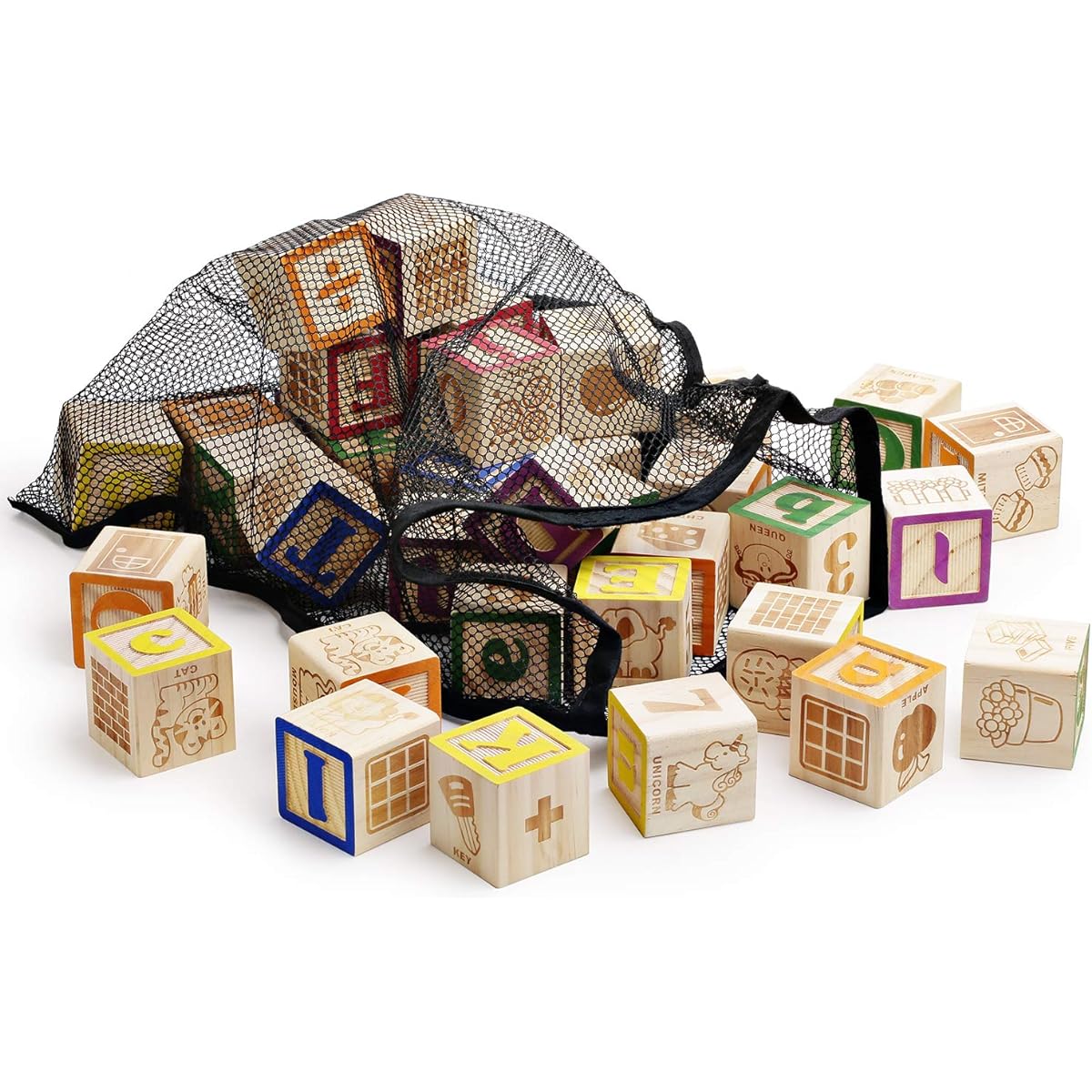 SainSmart Jr. Wooden ABC Blocks 40 Pieces Stacking Blocks Baby Alphabet Letters Counting Building Blocks Set with Mesh Bag for Toddlers