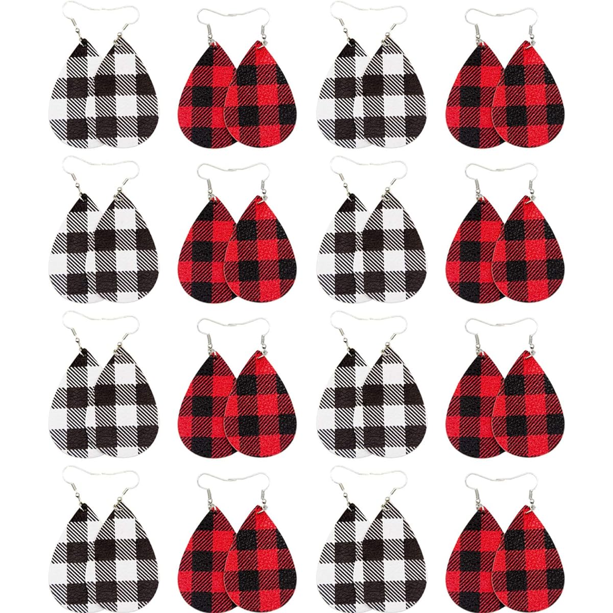 Iceyyyy 16 Pairs Christmas Plaid Earrings Christmas Faux Leather Plaid Statement Earrings Christmas Plaid Teardrop Dangle Earrings
