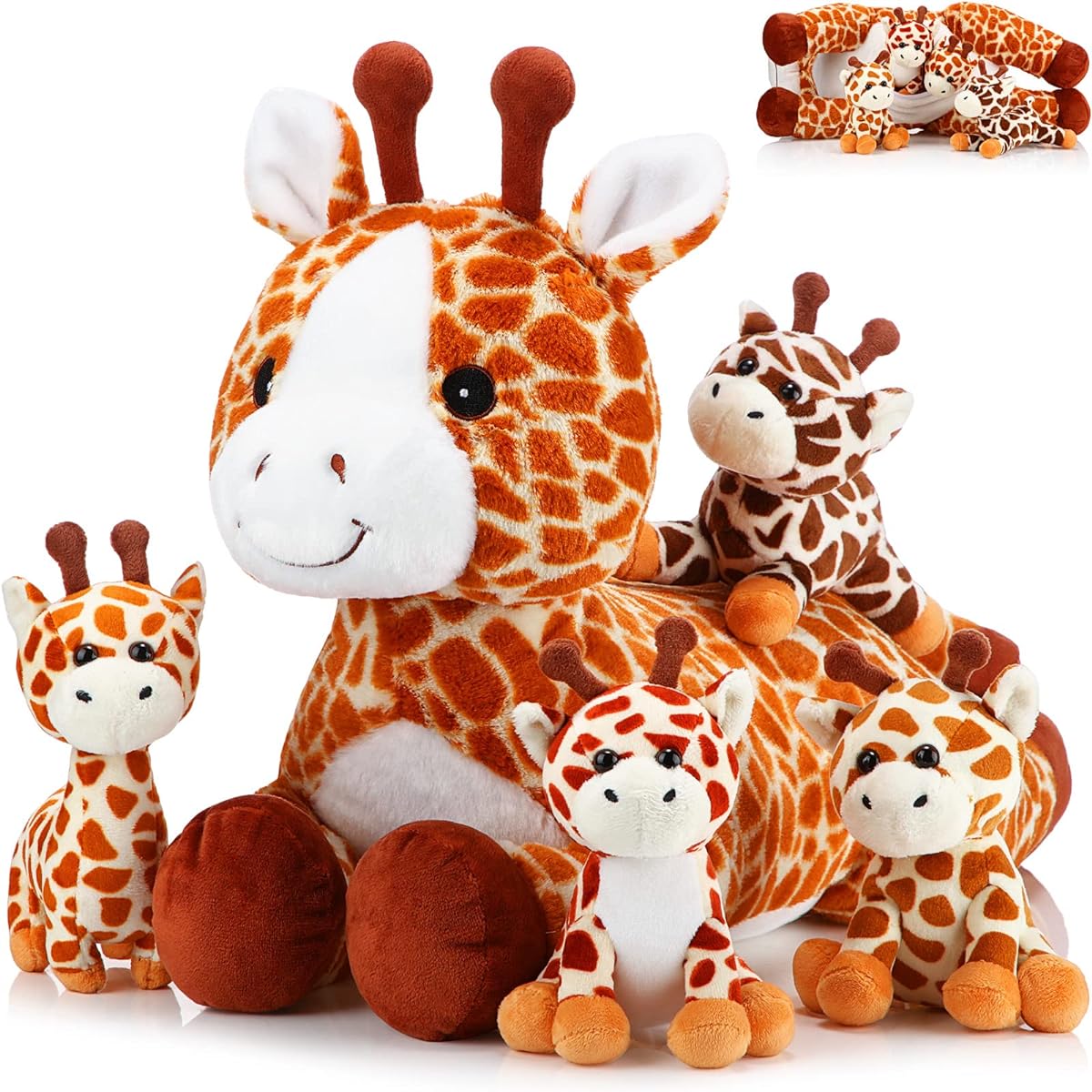 Honoson 5 Piece Giraffe Plush Toy Set, 18" Large Mummy Giraffe Stuffed Animals with 4 Cute Baby Giraffes with Zipper, Soft Belly Cuddly Giraffes for Boys Girls Birthday Favors Woodland Party Decorations (Globelle)