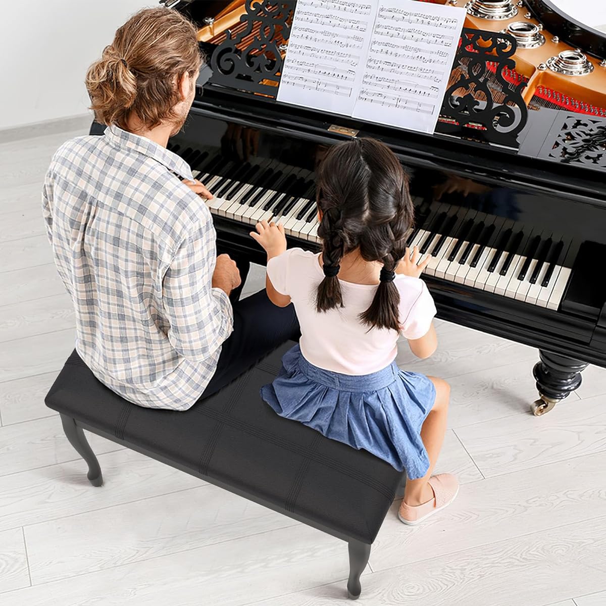 Giantex Piano Bench PU Leather with Padded Cushion and Music Storage Comfortable Double Duet Seat Wooden Legs Perfect for Professional or Home Use (Black)