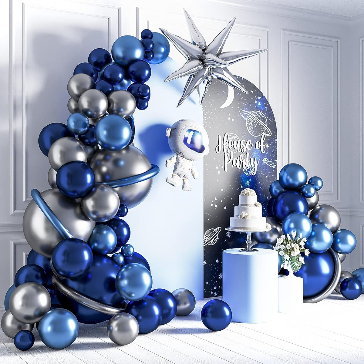 HOUSE OF PARTY Astronaut Space Balloon Garland Kit - 123 Pieces Pearl Midnight, Chrome Blue, Silver Space Balloons, Galaxy Balloon Garland Kit & 36 Inch Astronaut Foil Balloons | Space Birthday Decorations