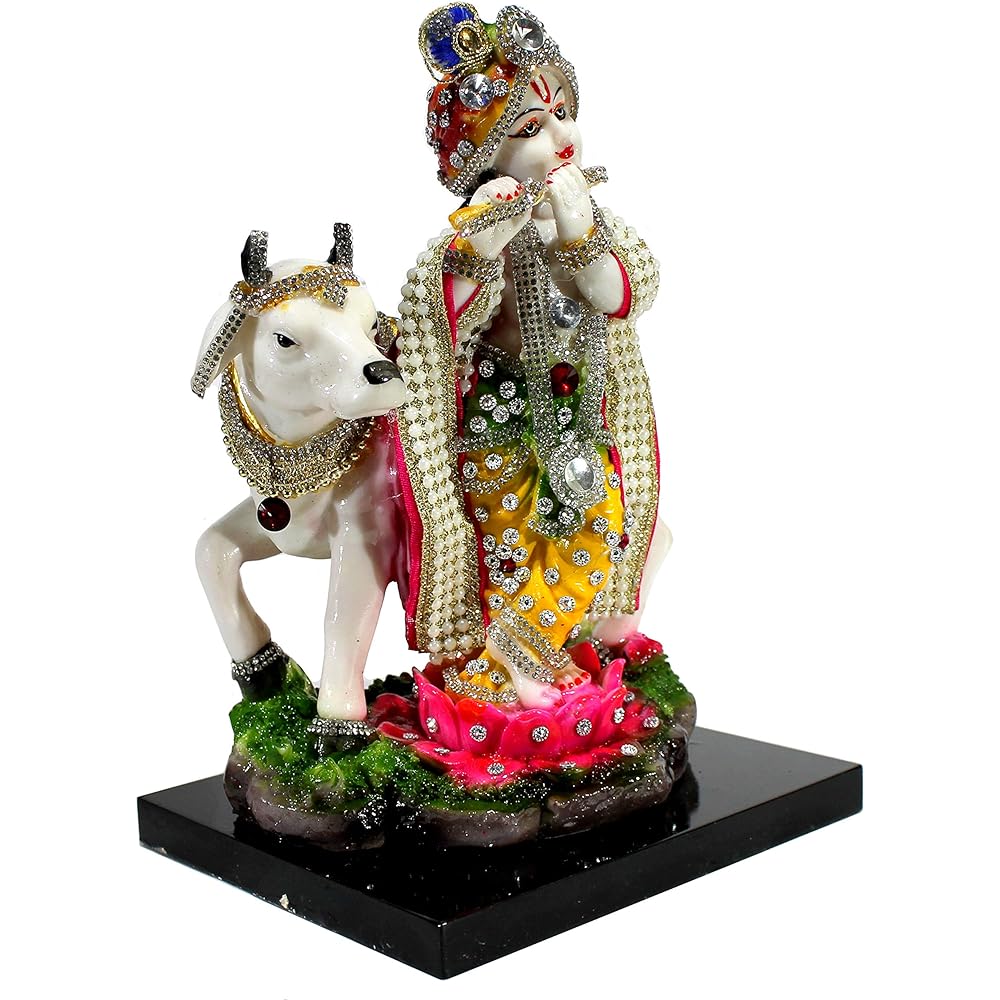 eSplanade – Hand Carved Lord Krishna and Kamdhen Kaukishan Mahan Charu Murti Idol Statue Sculpture – Resin – 10 Inches – Multicolor