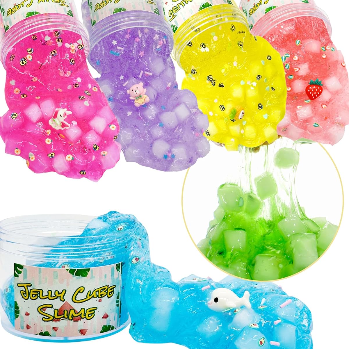 Jelly Cube Crunch Slime Kit - 6 Pack Clear Crunch Slime Super Soft Sludge Toy with Cute Charms Party Favors for Girls and Boys