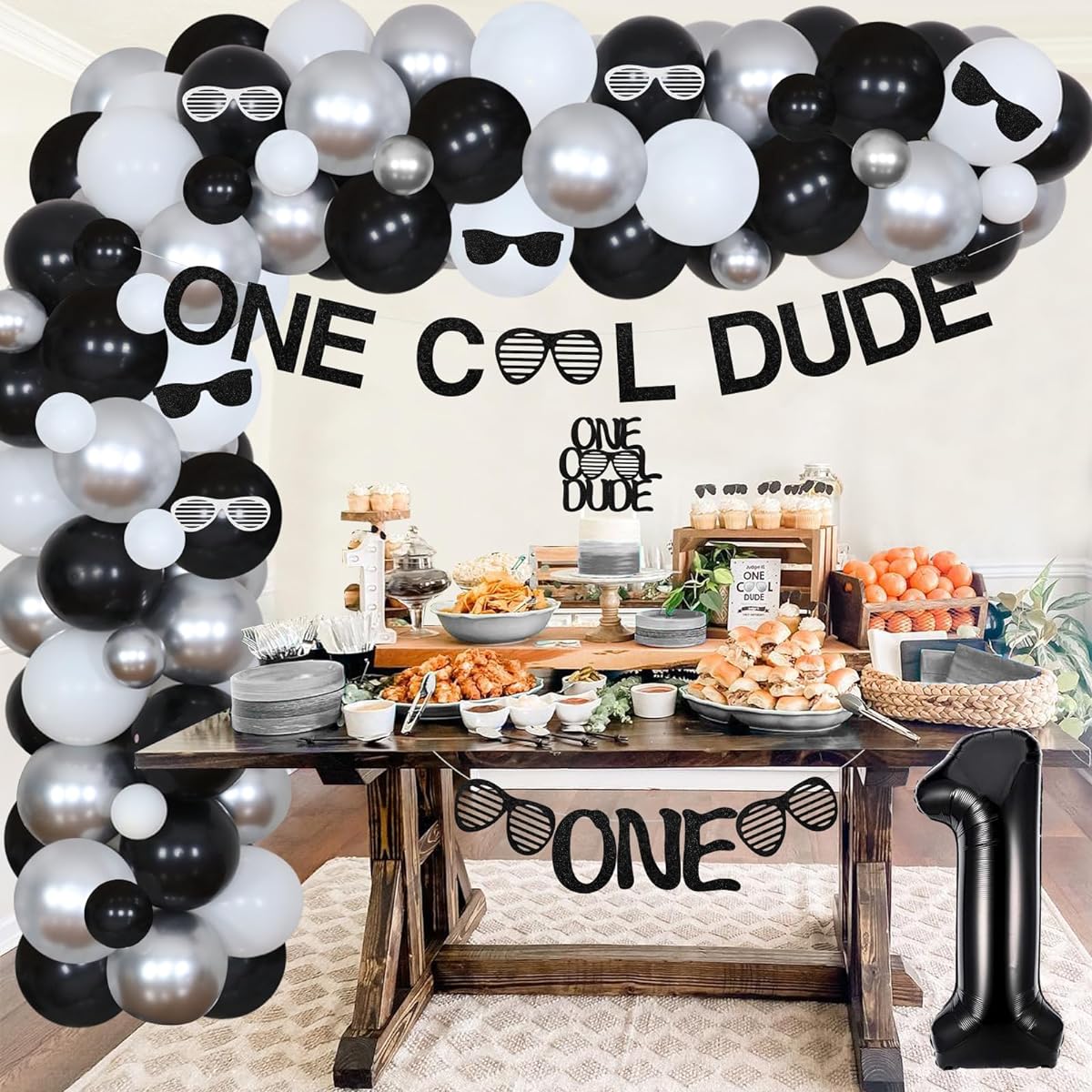 One Cool Dude 1st Birthday Party Decorations for Boys Silver Black Balloon Garland Arch Kit, Cool Dude Banner, Cake Topper, Highchair Banner, Glitter Sunglasses Card for Baby Boys 1st Birthday