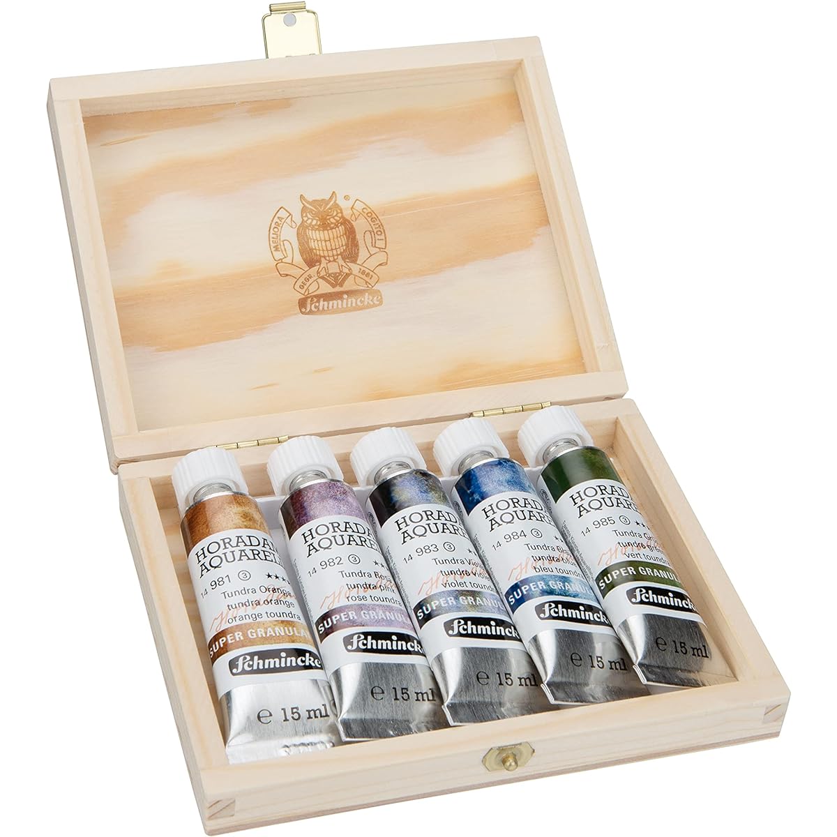 Schmincke - HORADAM® AQUARELL, super granule set Tundra, 5 x 15 ml tubes, 74 850 097, wooden box, very strong granular colours, the finest, super granular watercolor paints.