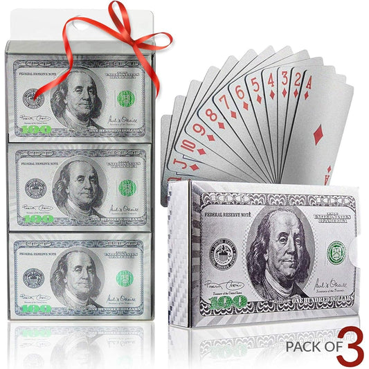Magic Kiss 3 Decks Waterproof Silver Foil 100 Dollar Bill Poker Playing Cards Plastic Card Set with Gift Pack (Silver 3 Decks)
