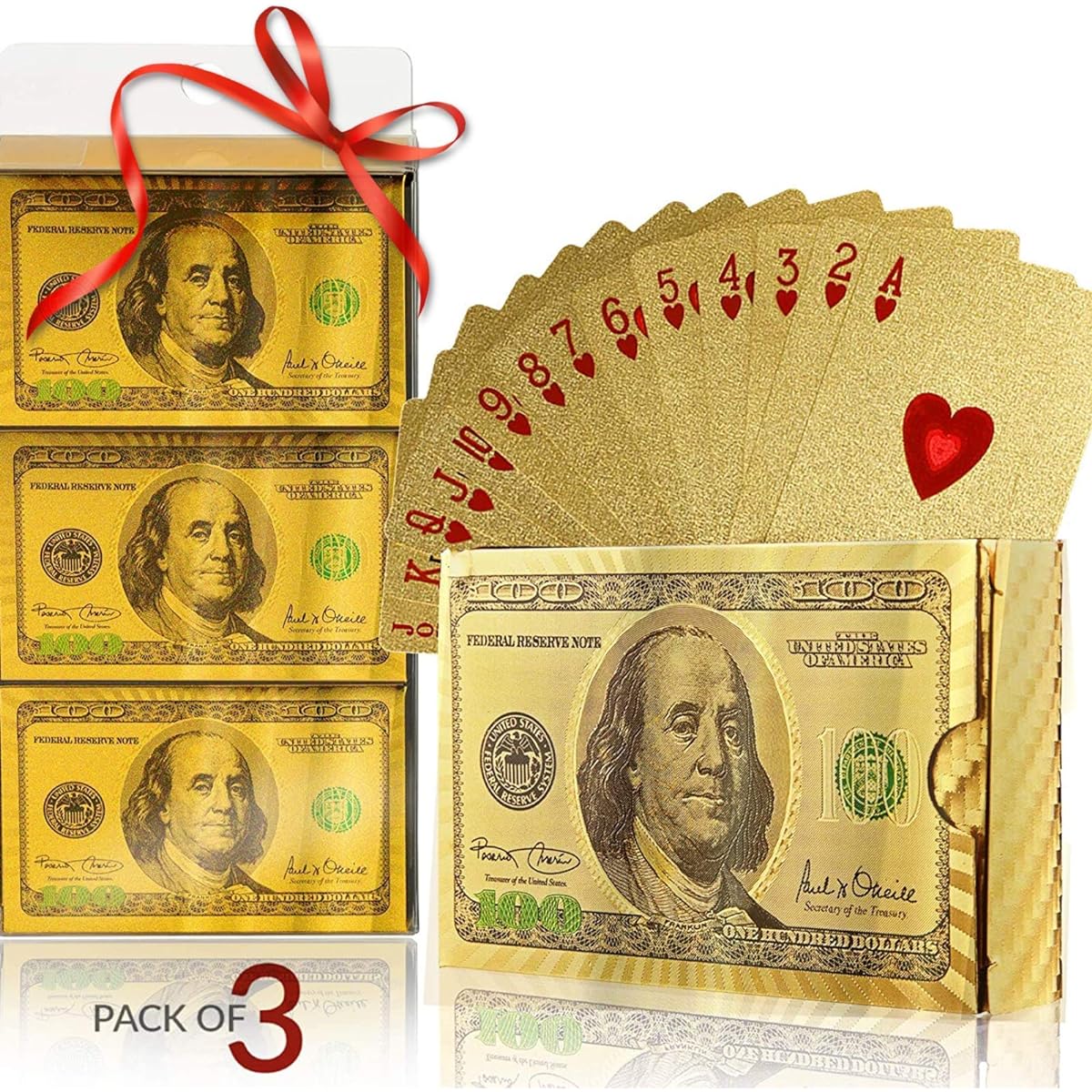 Magic Kiss 3 Deck Waterproof Gold Foil Poker Cards 100 Dollar Bill Plastic Card Set with Gift Pack (Gold 3 Decks)
