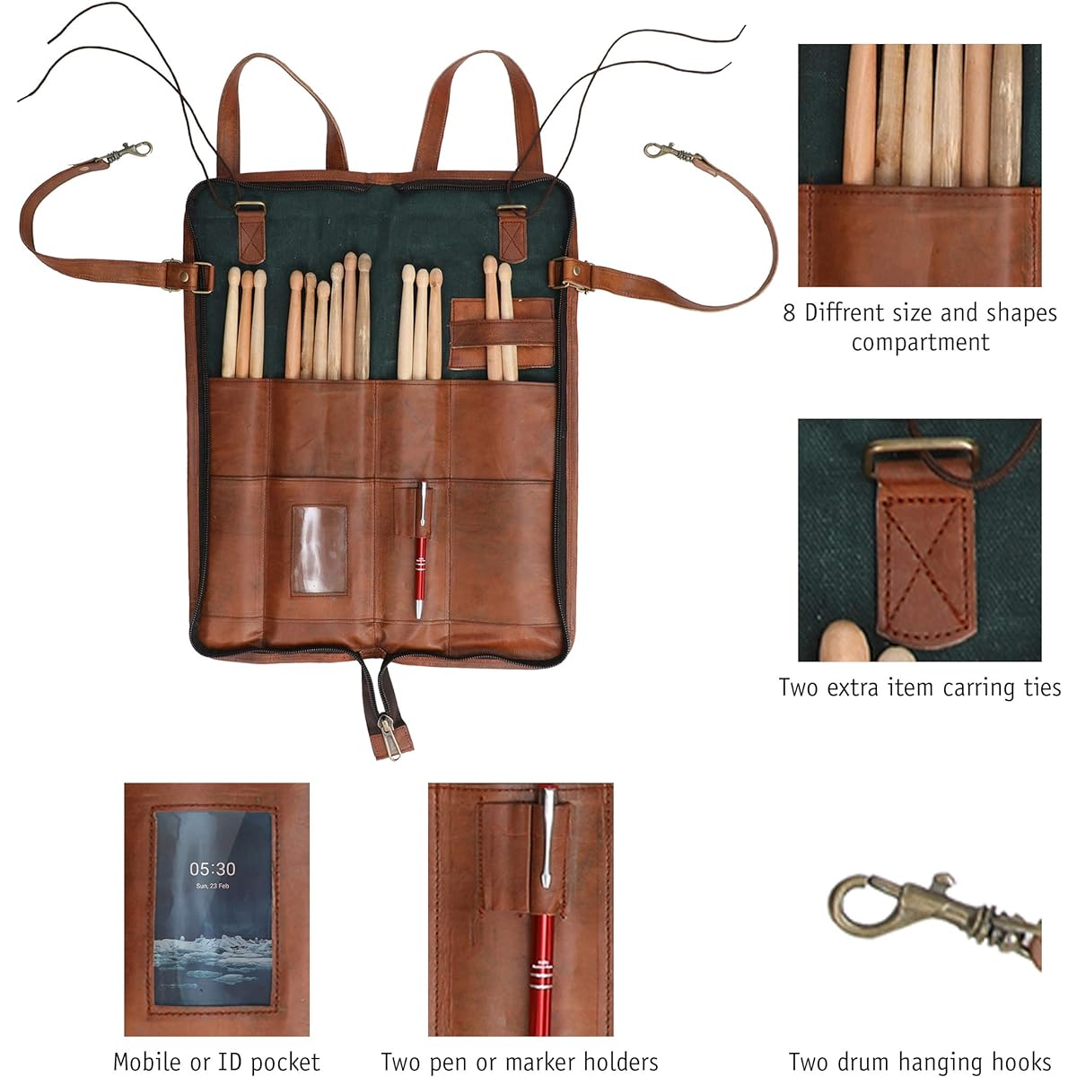WerKens Handmade Genuine Leather Drumstick Bag 100% Original Leather Percussion Drumstick Bag Holder Mallet Bag Floor Tom Hook - DSB003