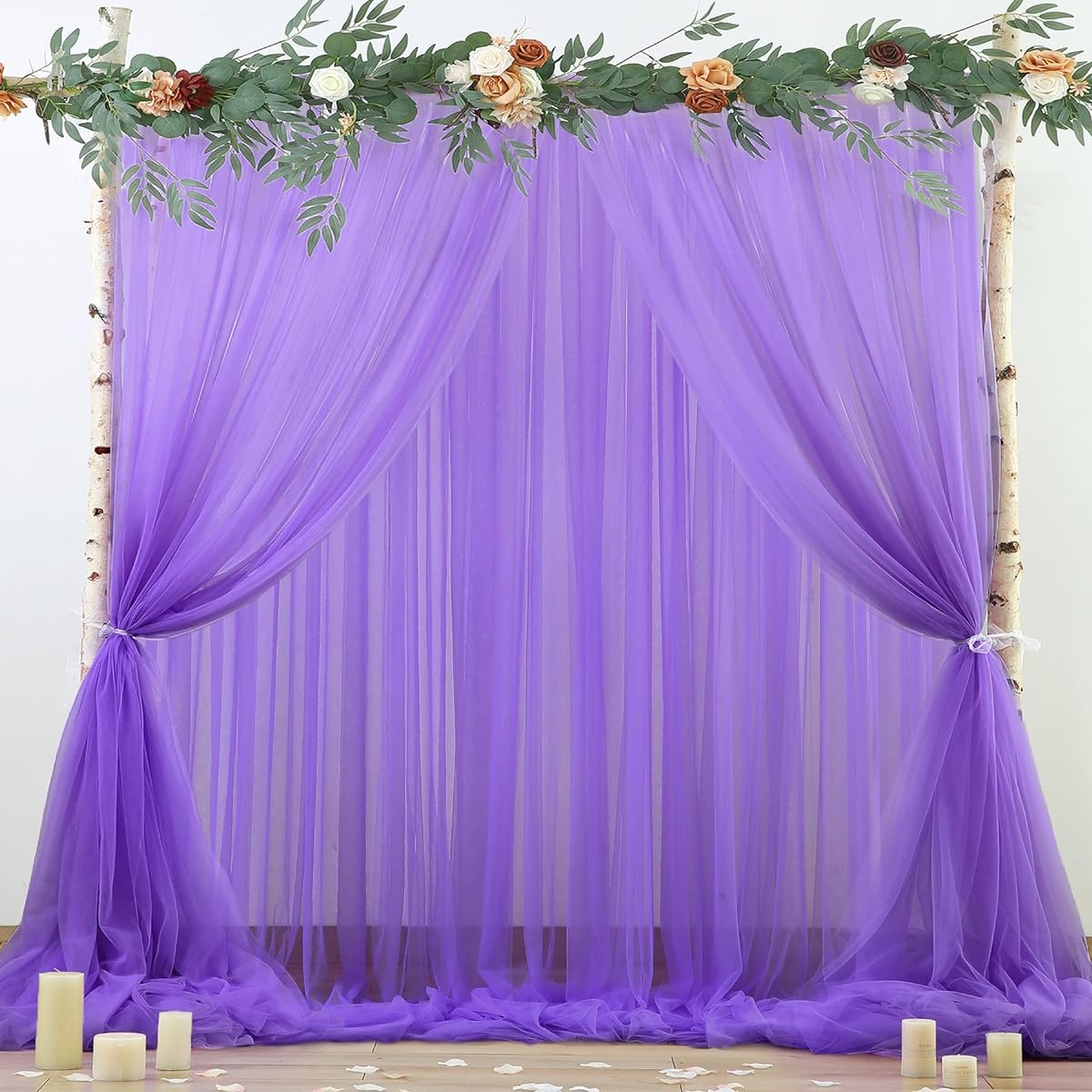 Purple Tulle Backdrop Curtains for Baby Shower, Girl's Birthday Party, Purple Sheer Backdrop Drapes for Wedding Reception, Photo Shoot, Elephant Theme Background Decoration, 2 Panels, 5ft x 8ft