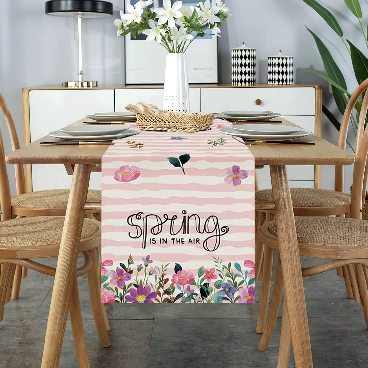Celepaty Spring is in The Air Pink Stripes Blue Purple Wildflower Leaves Bush Table Runner Spring Easter Seasonal Home Kitchen Dining Table Runner Decor 72" Long