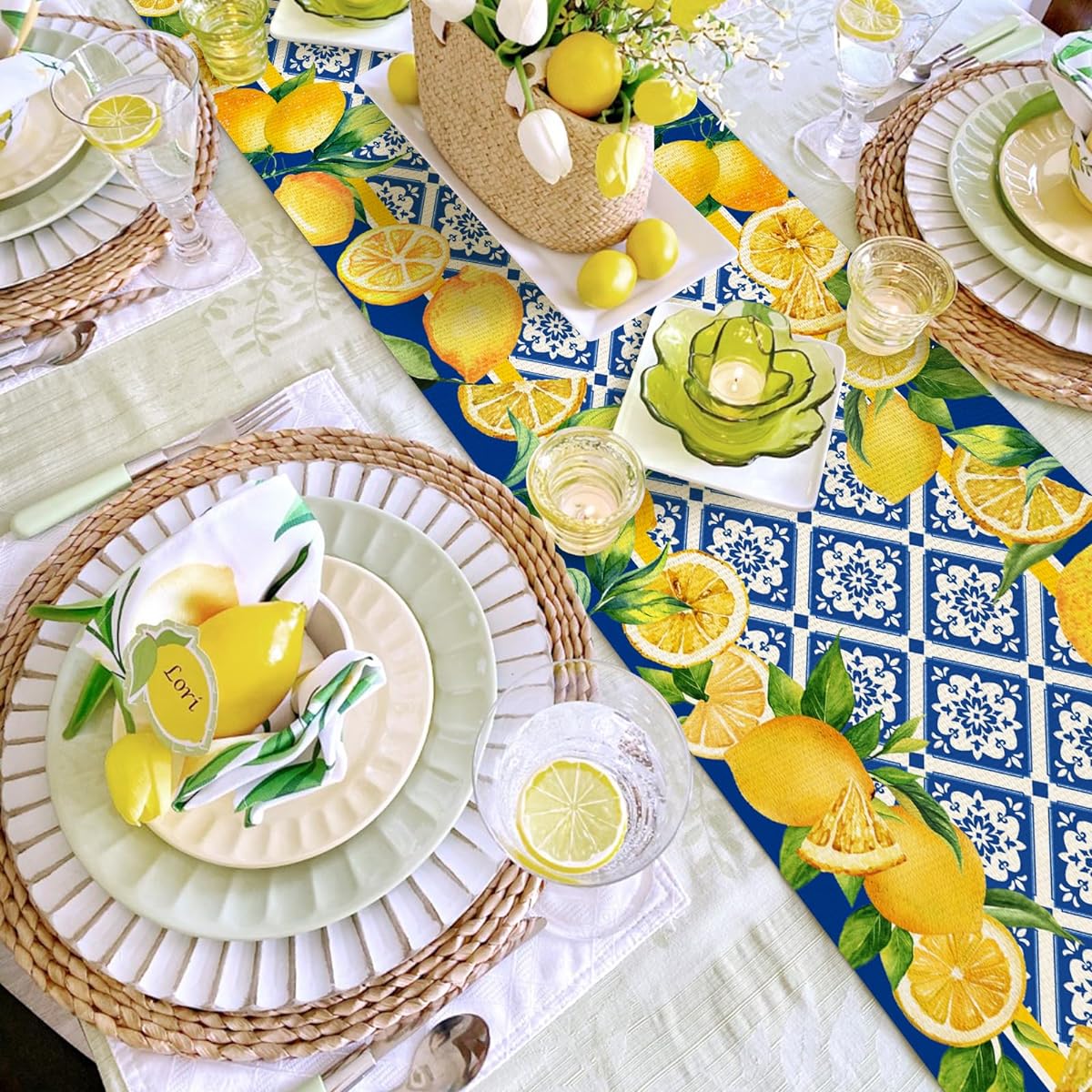 Spring Summer Lemon Table Runner, Cyan Blue Tile Burlap Artificial Lemon Fruit Farmhouse Table Runner, Seasonal Kitchen Dining Decor, Table Centerpiece for Home Parties, Patio, Indoor Outdoor, 13x72 Inch