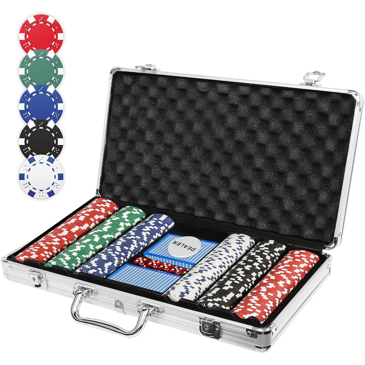 DC DICLASSE 300 Piece Clay Poker Chip Set with 1 Dealer Button, 2 Decks and 5 Dice for Texas Hold'em Blackjack Gambling