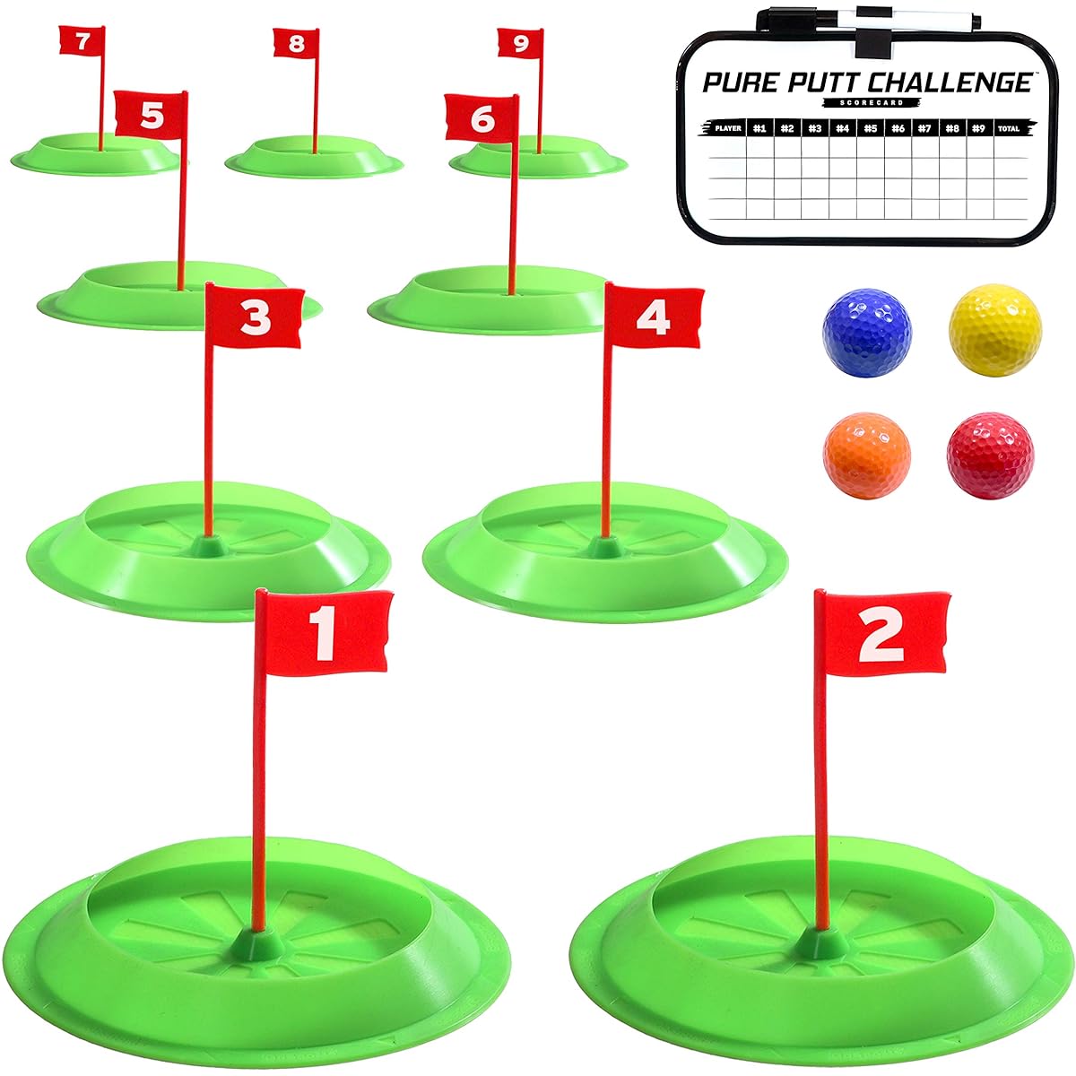 GoSports Pure Putt Challenge Mini Golf Game - Build Your Own Course at Home, Office or Green - Includes 9 Holes, 4 Balls, Dry-Erase Scorecard, Tote Bag & Rules